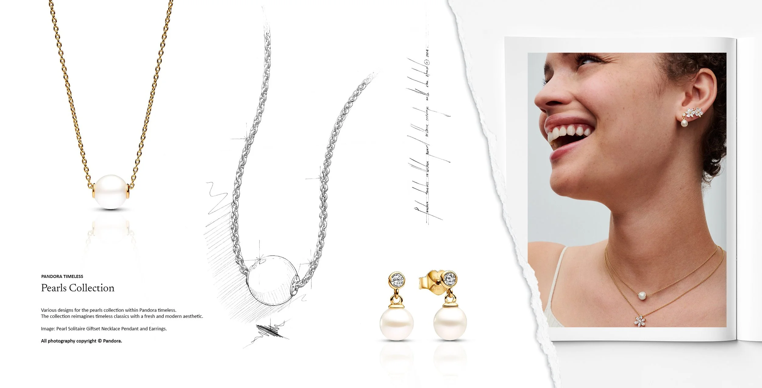 Pandora Pearls collection pearl solitaire necklace pendant and matching drop earrings, shown with original jewellery design sketches and final product development by Myles Day Jewellery Artist.