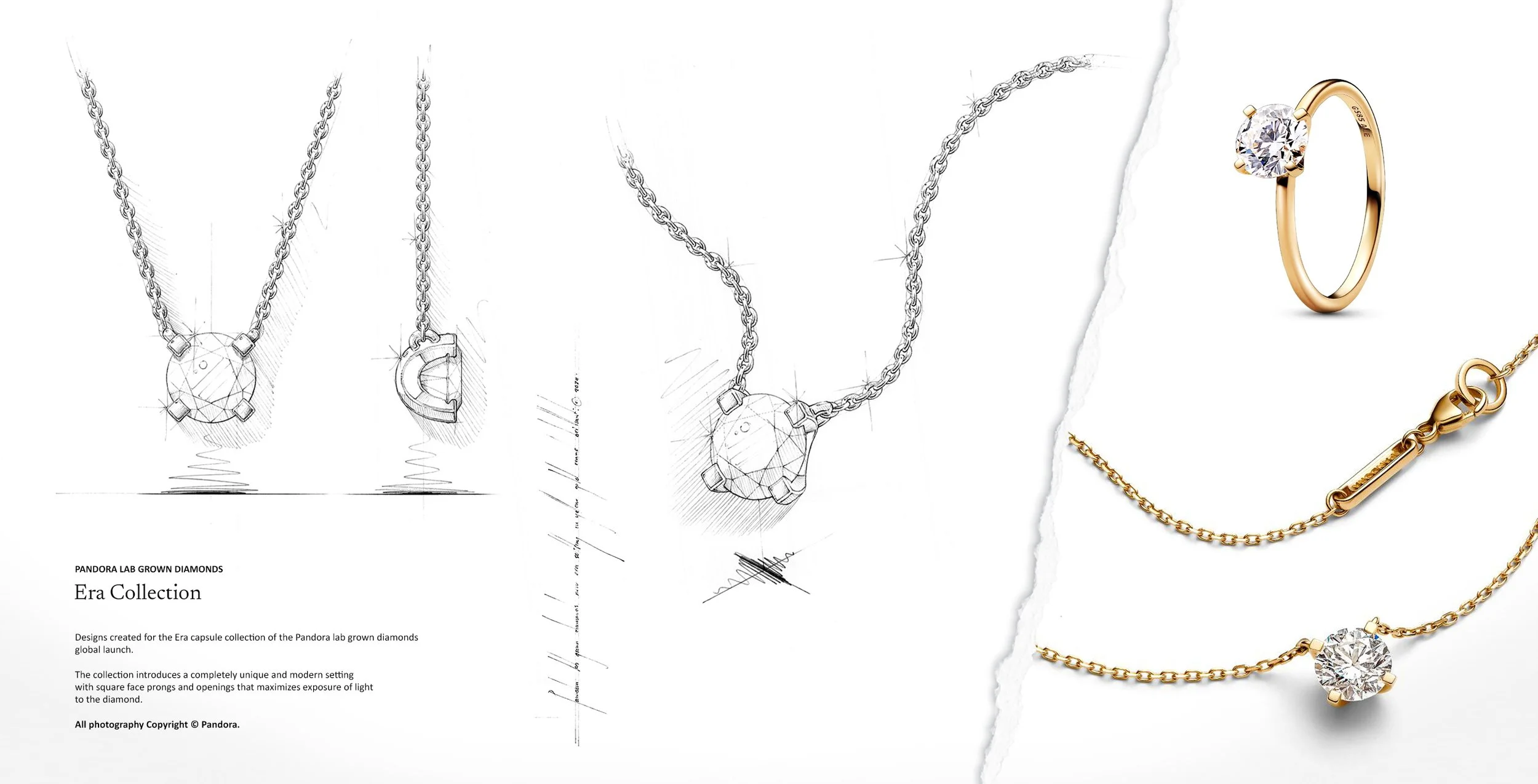 Jewellery design sketches and finished ring and pendant from the Pandora Era collection. Design by Myles Day Jewellery Artist.