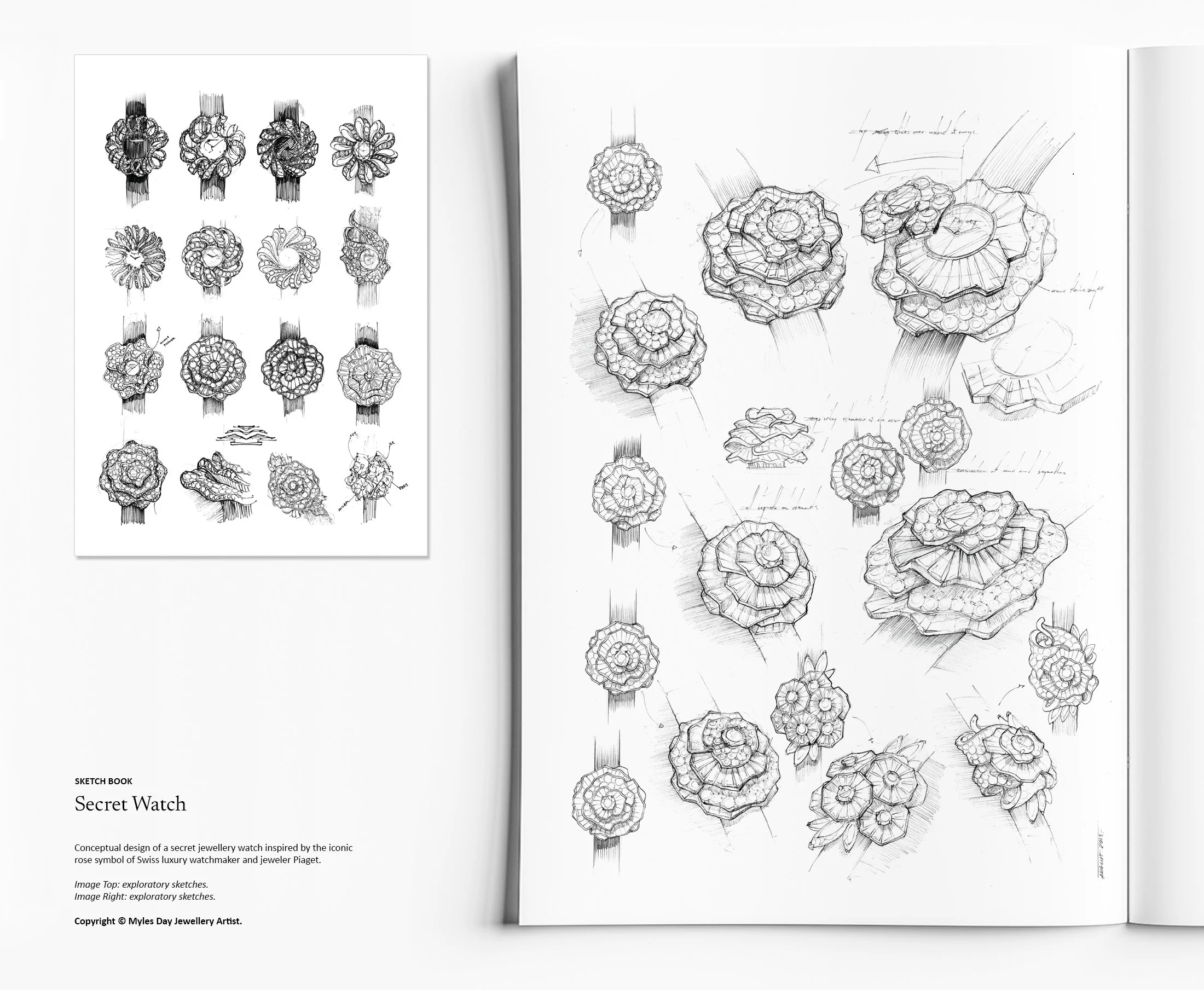 Exploratory high jewellery secret watch design sketches showcasing luxury diamond floral concepts by Myles Day Jewellery Artist