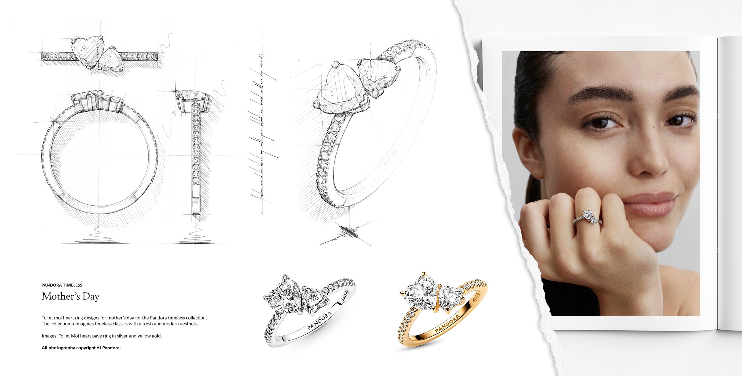 Pandora Toi et Moi heart ring with pavé band and dual heart-cut stones in silver and gold, including original jewellery design sketches by Myles Day Jewellery Artist.