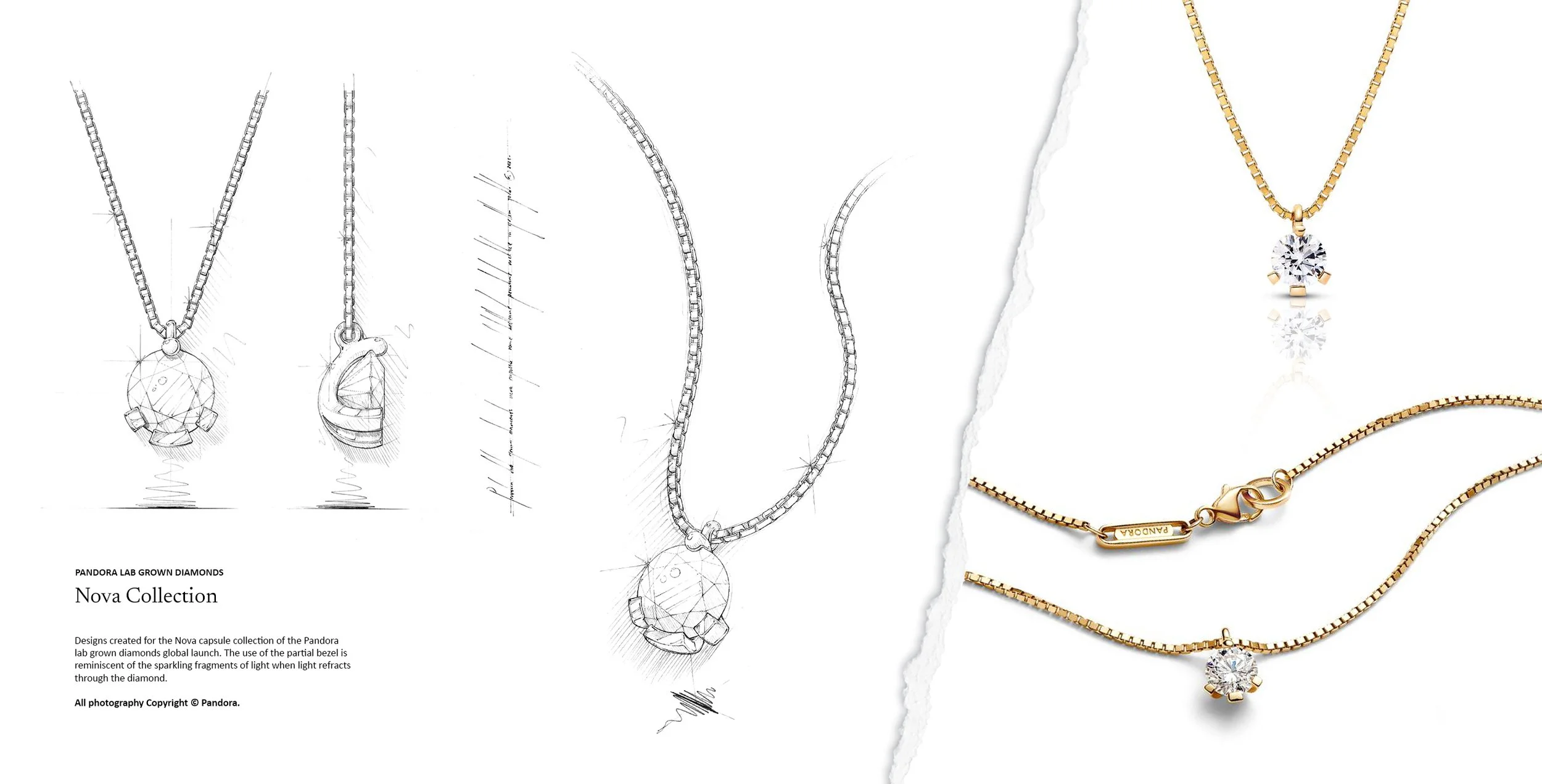 Round lab grown diamond solitaire pendant from sketch to finished product, designed by Myles Day Jewellery Artist for Pandora Nova collection