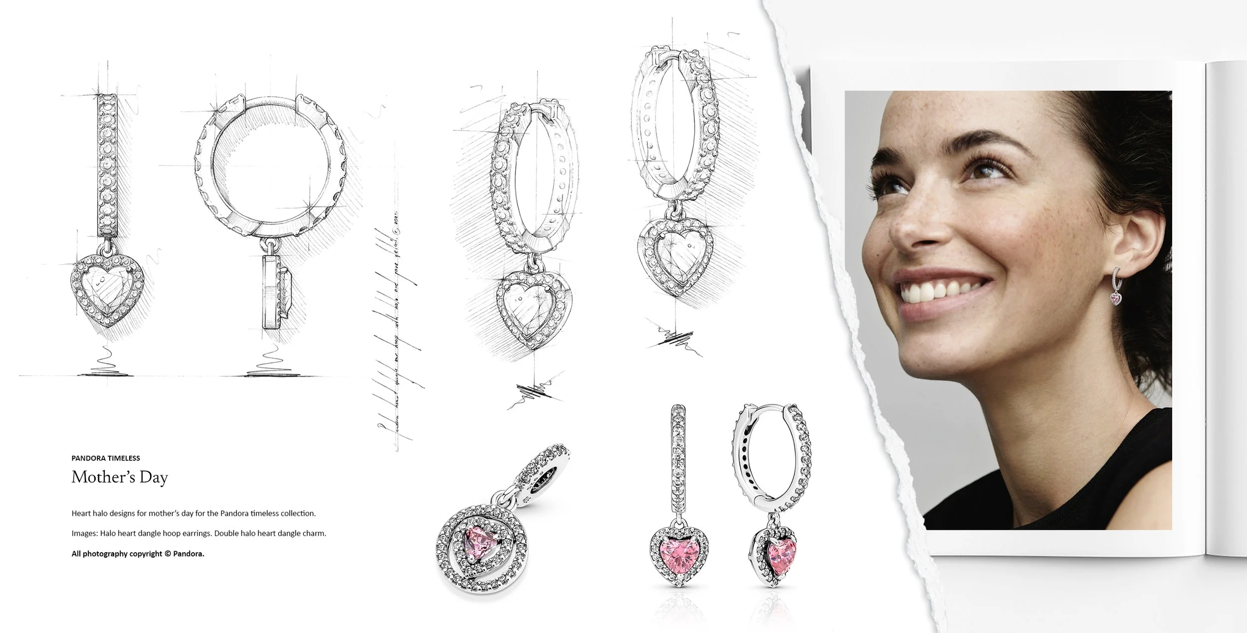 Pandora Mother’s Day heart halo drop earrings and double halo heart charm, shown with jewellery design development sketches and refined commercial pieces by Myles Day Jewellery Artist.