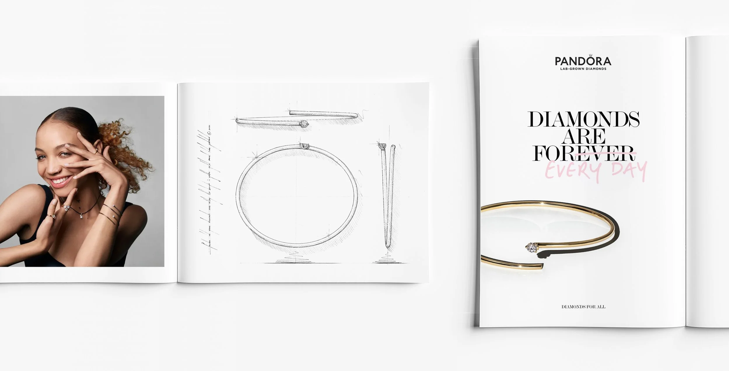 Pandora Lab Grown Diamonds “Diamonds Are Forever Every Day” campaign featuring gold diamond bangle. Design by Myles Day Jewellery Artist.