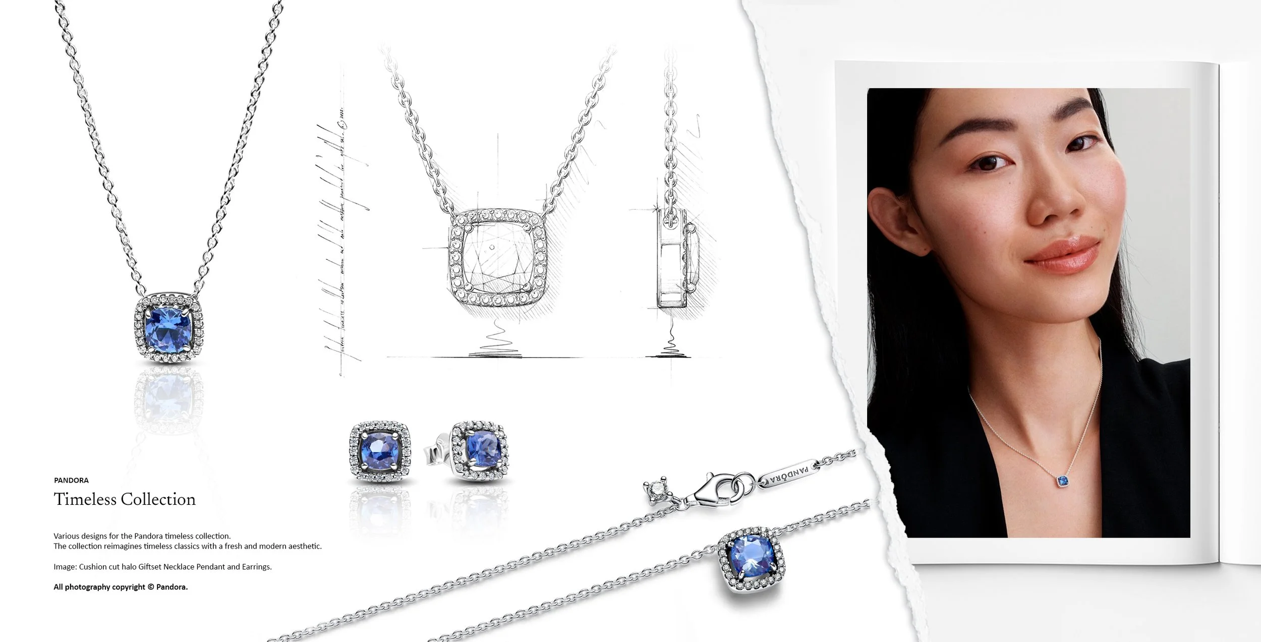 Pandora Pavé collection cushion cut halo necklace pendant and matching stud earrings with pavé detailing, presented with jewellery design sketches and product development by Myles Day Jewellery Artist.