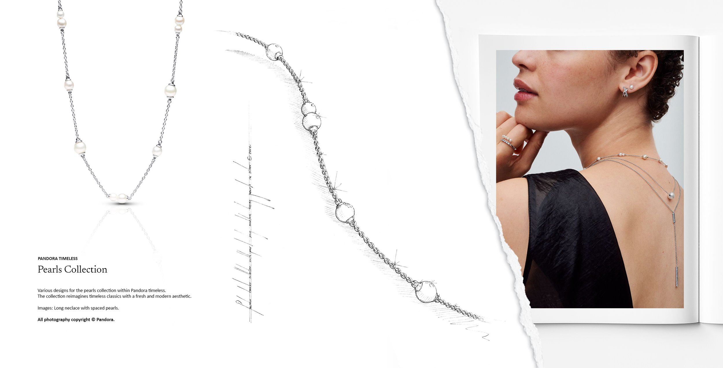 Pandora Pearls collection long necklace with spaced pearl details, shown with jewellery design development sketches and finished styling, designed by Myles Day Jewellery Artist.