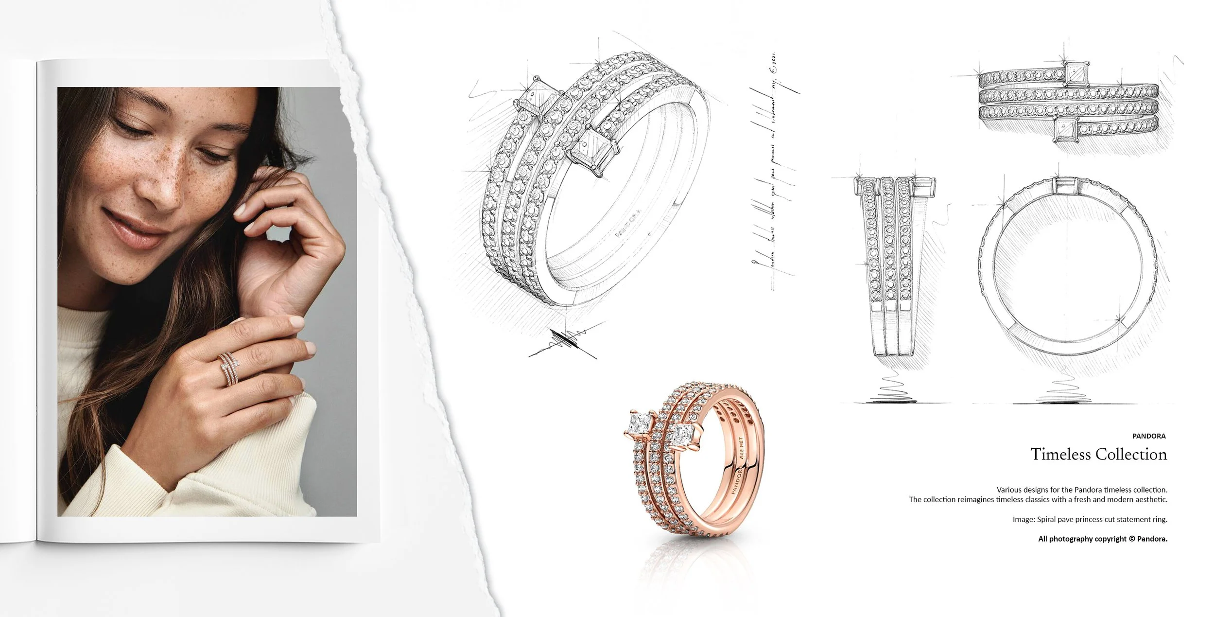 Pandora Pavé collection spiral princess cut statement ring in rose gold with multi-row pavé bands, presented with jewellery design sketches and finished product, designed by Myles Day Jewellery Artist.