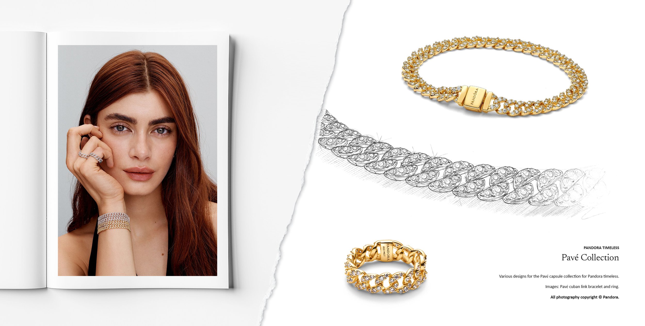 Jewellery design drawing sketch of Pandora Pavé collection pavé Cuban link bracelet and matching ring by Myles Day Jewellery Artist.