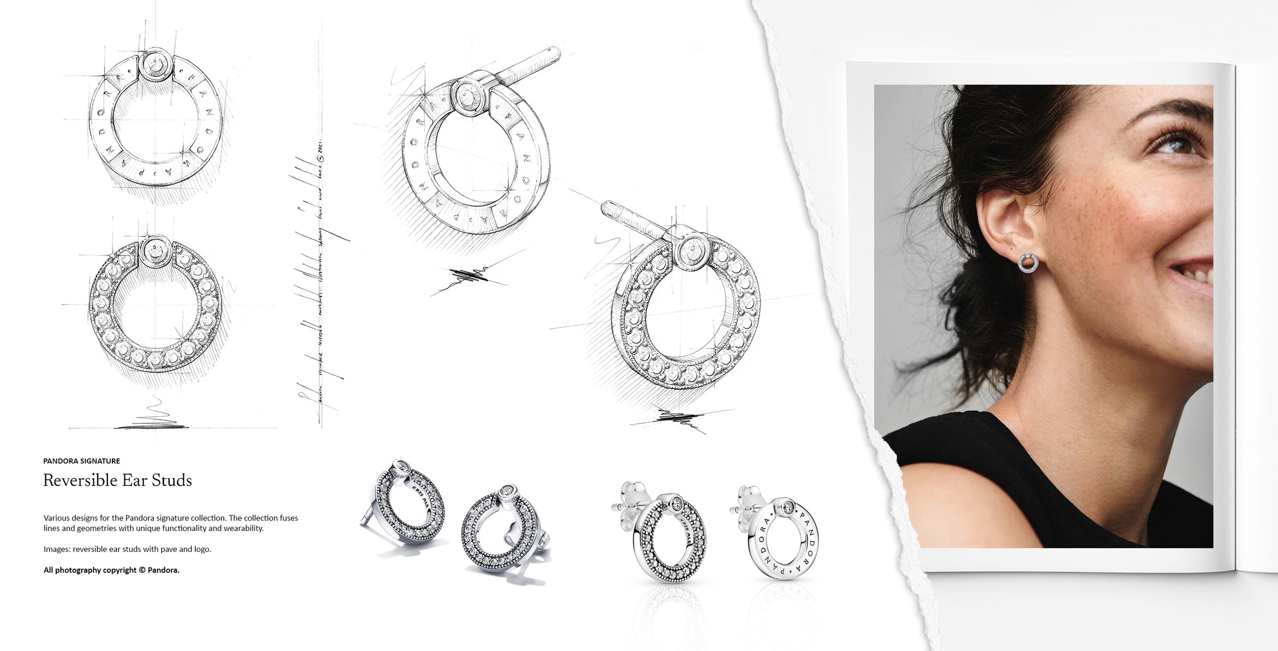 Pandora Signature reversible ear studs with pavé detailing and logo engraving, presented with technical jewellery design sketching and finished execution by Myles Day Jewellery Artist.