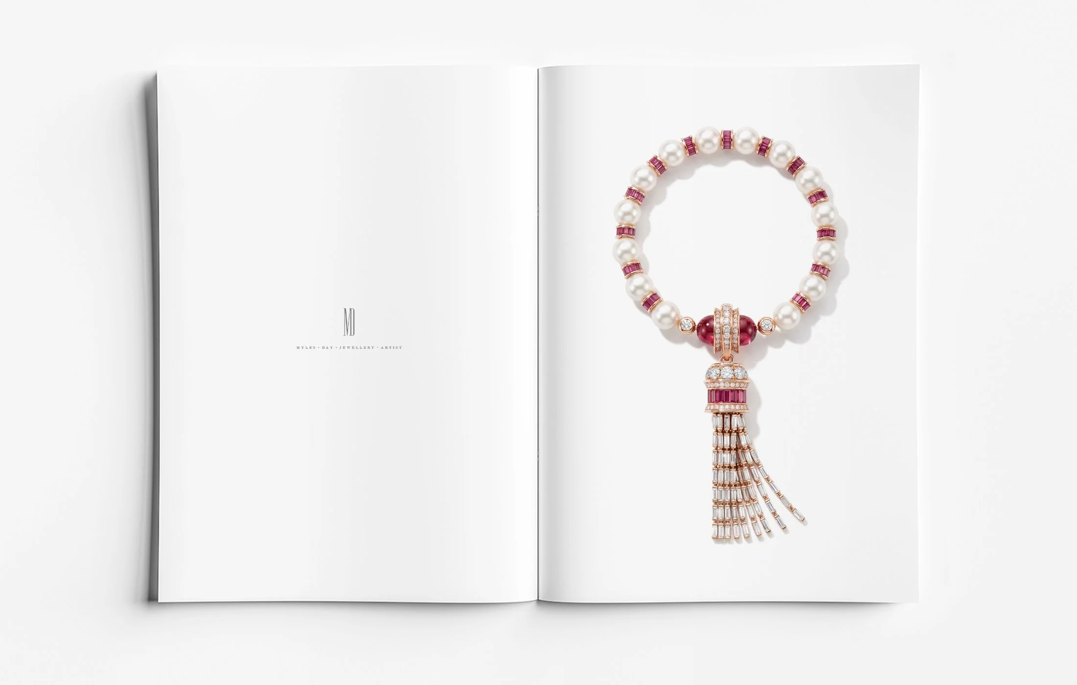 High jewellery transformable sautoir bracelet design in rose gold with diamonds, pearls and rubellite, luxury concept by Myles Day Jewellery Artist