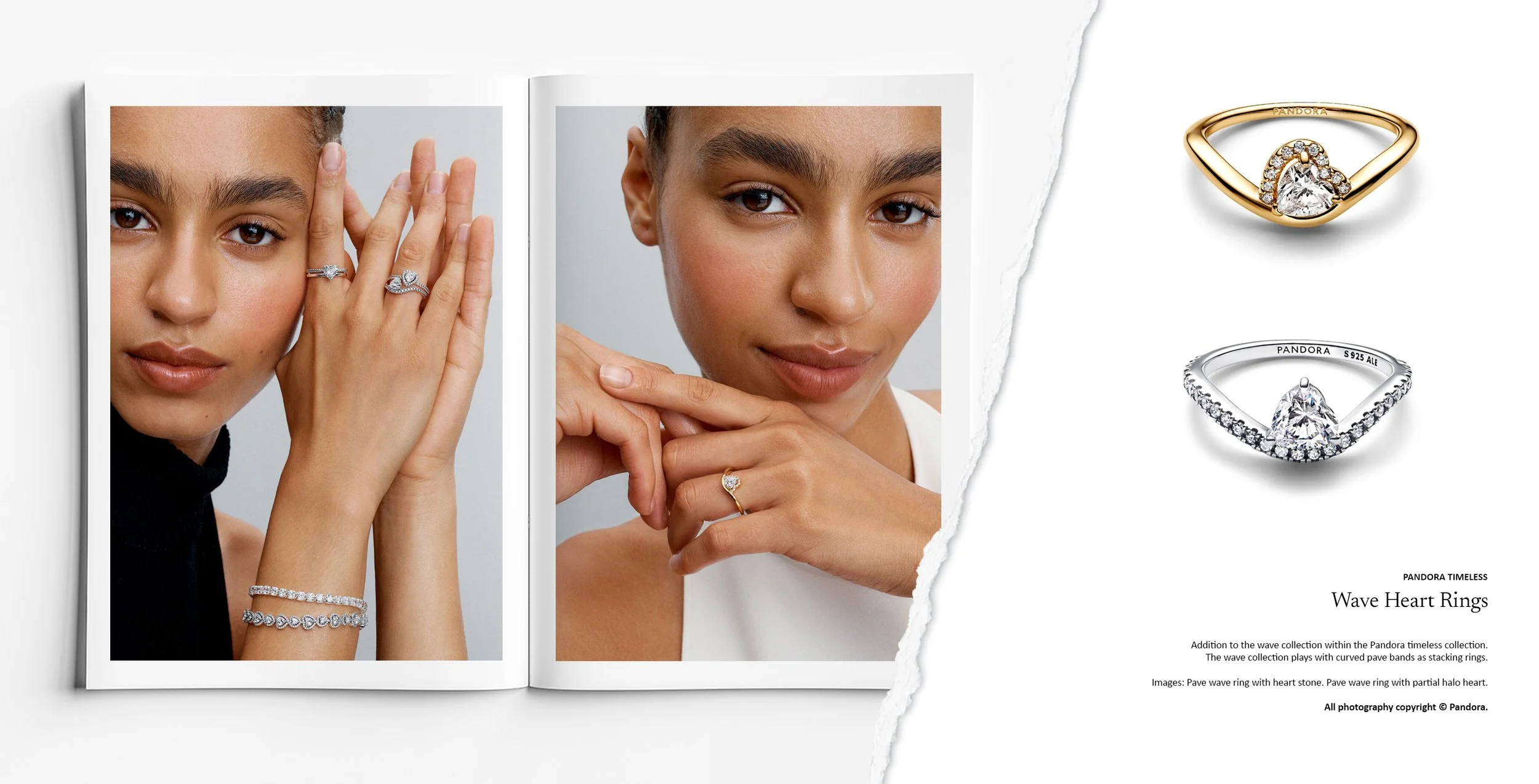 Pandora wave heart rings with curved pavé bands and heart centre stones, contemporary stacking jewellery design created for Pandora by Myles Day Jewellery Artist.