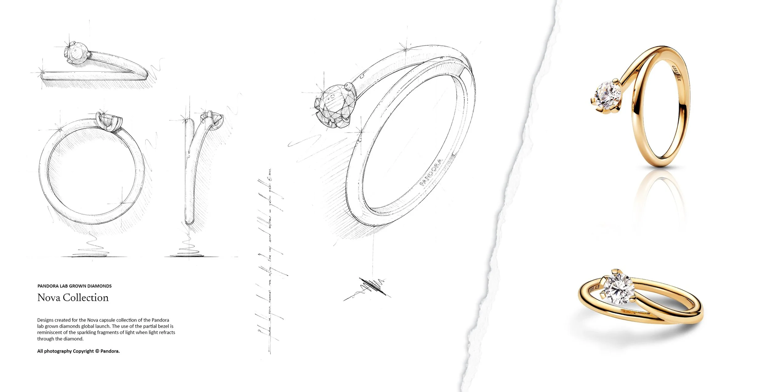 Jewellery design sketch and finished lab grown diamond solitaire ring from the Pandora Nova collection. Design by Myles Day Jewellery Artist.