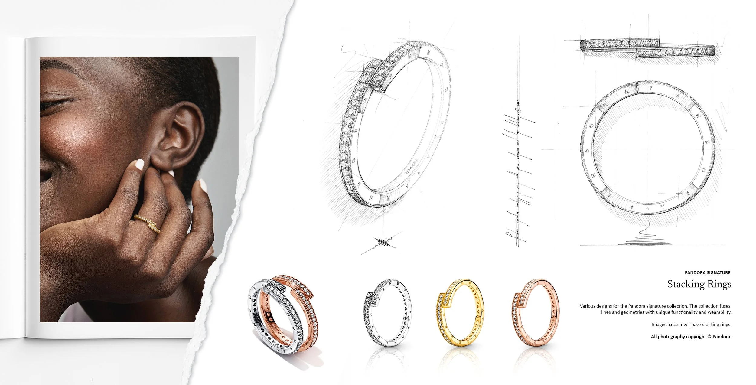 Pandora Signature crossover pavé stacking rings featuring logo detailing, shown with original jewellery design sketches and final product development by Myles Day Jewellery Artist.