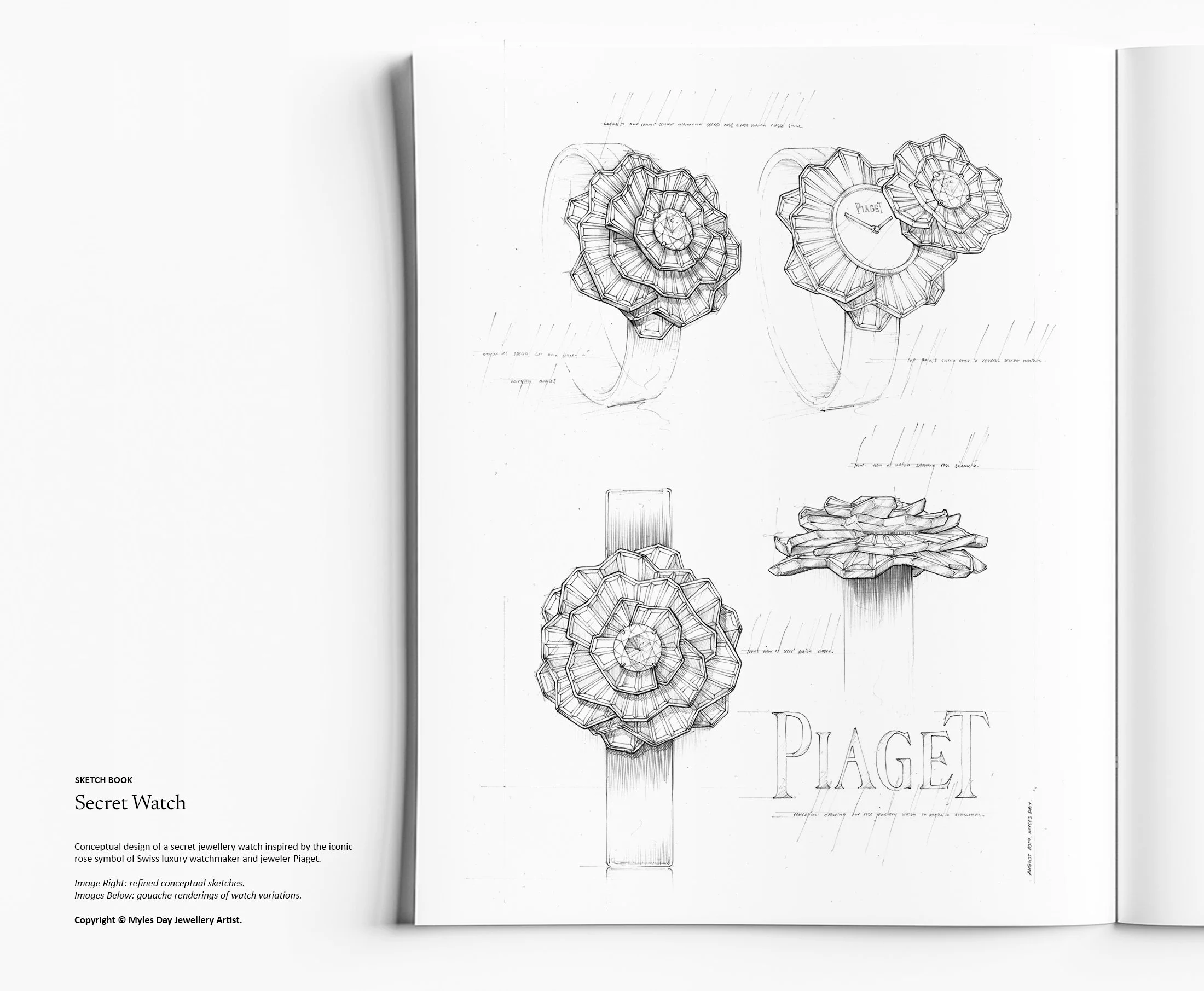 High jewellery secret watch design development study exploring diamond-set floral architecture by Myles Day Jewellery Artist
