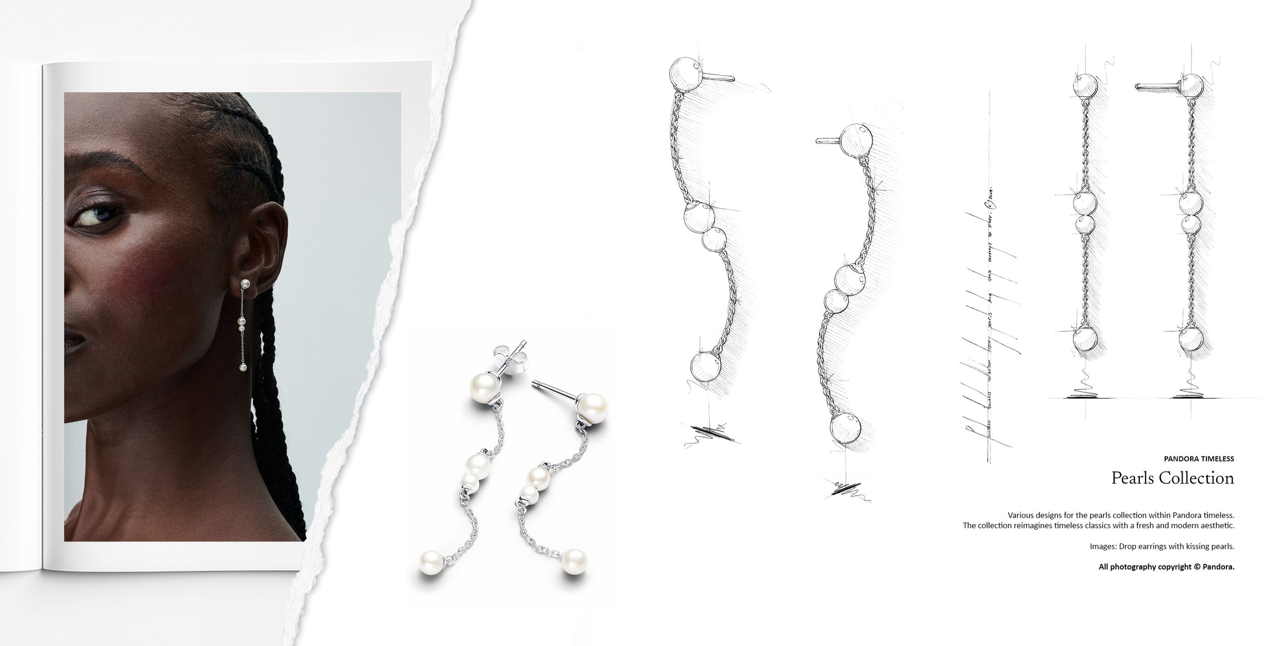 Pandora Pearls collection drop earrings with kissing pearl details, presented alongside original jewellery design sketches and final execution by Myles Day Jewellery Artist.