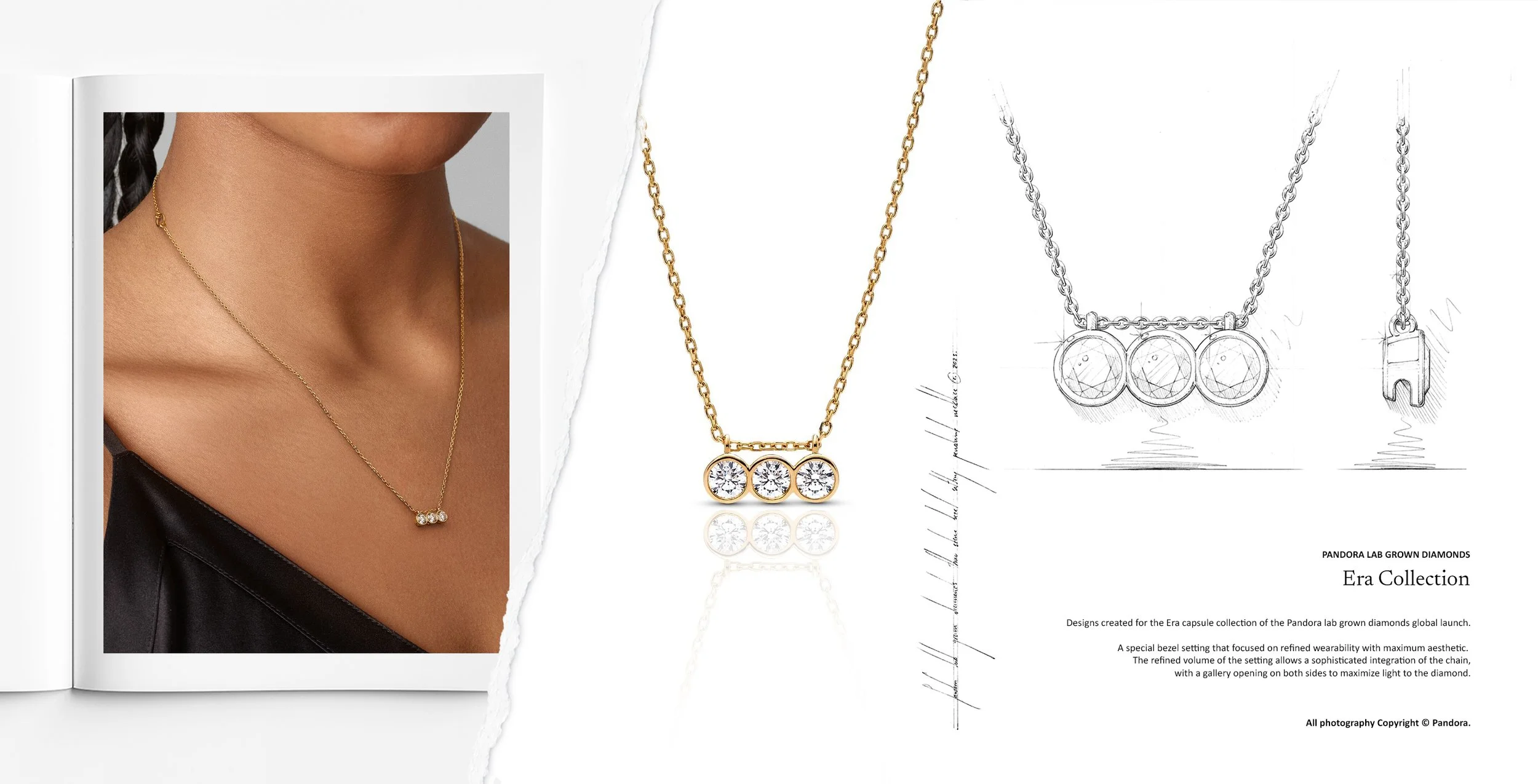 Jewellery design sketch and finished three stone lab grown diamond necklace from the Pandora Era collection. Design by Myles Day Jewellery Artist.