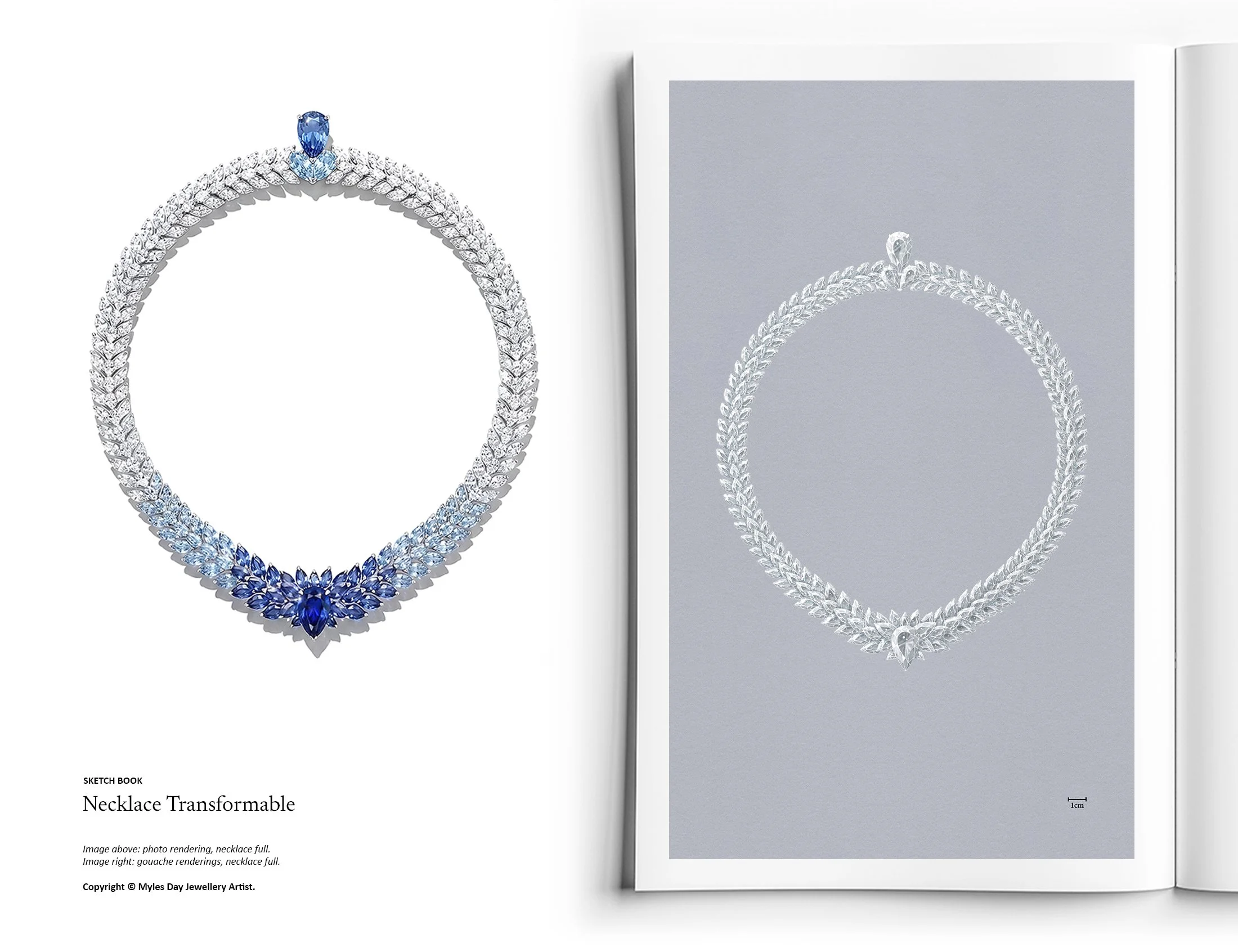 High jewellery transformable necklace design featuring diamond and sapphire variation, shown in digital and gouache renderings by Myles Day Jewellery Artist