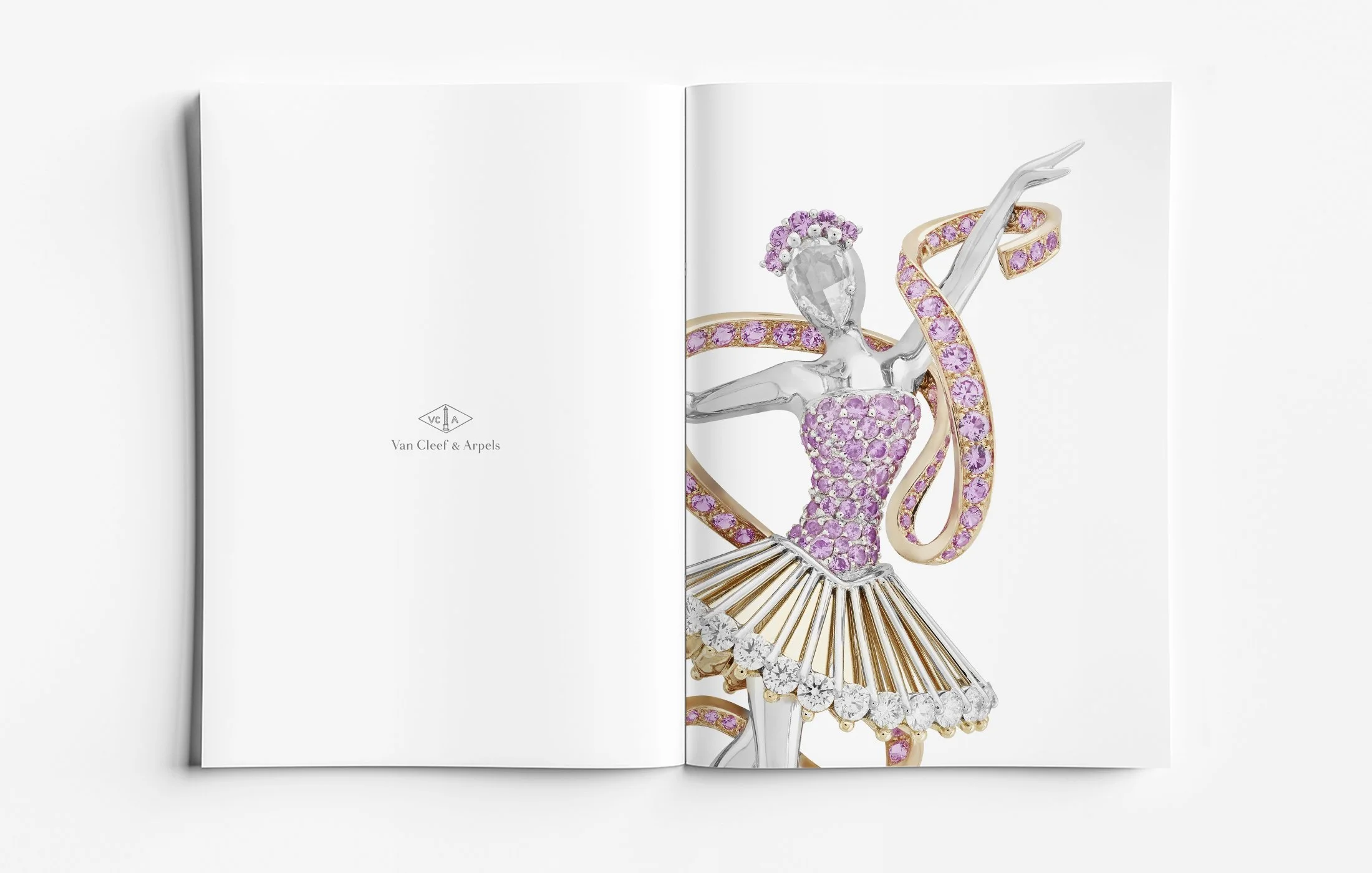 High jewellery ballerina brooch crafted in white gold and rose gold, set with white diamonds and pink sapphires, presented in a luxury editorial format highlighting sculptural form and refined high jewellery design by Myles Day Jewellery Artist.