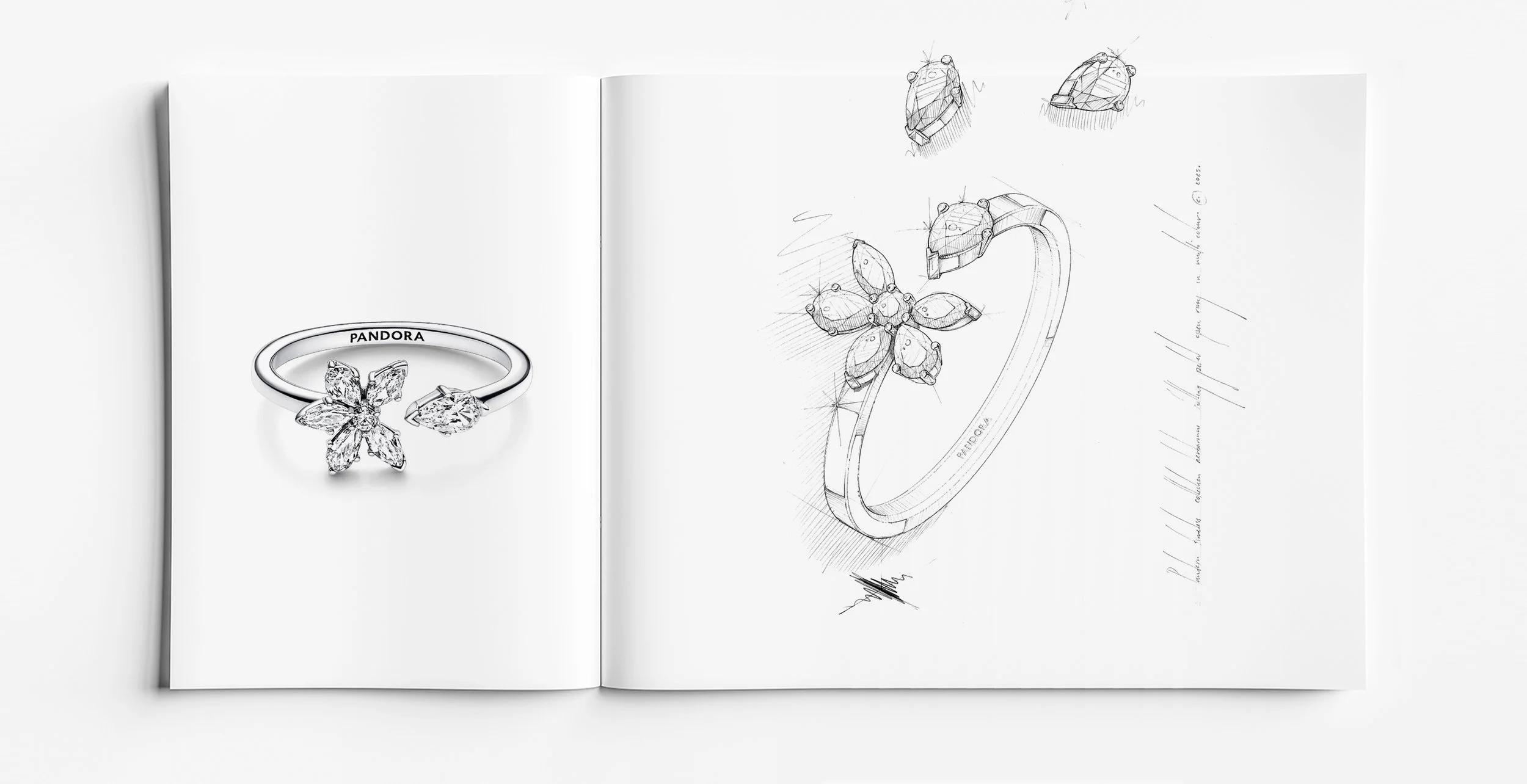 Pandora Herbarium silver open ring with marquise-cut floral cluster and polished band, alongside jewellery design drawing sketch, jewellery design by Myles Day jewellery artist.