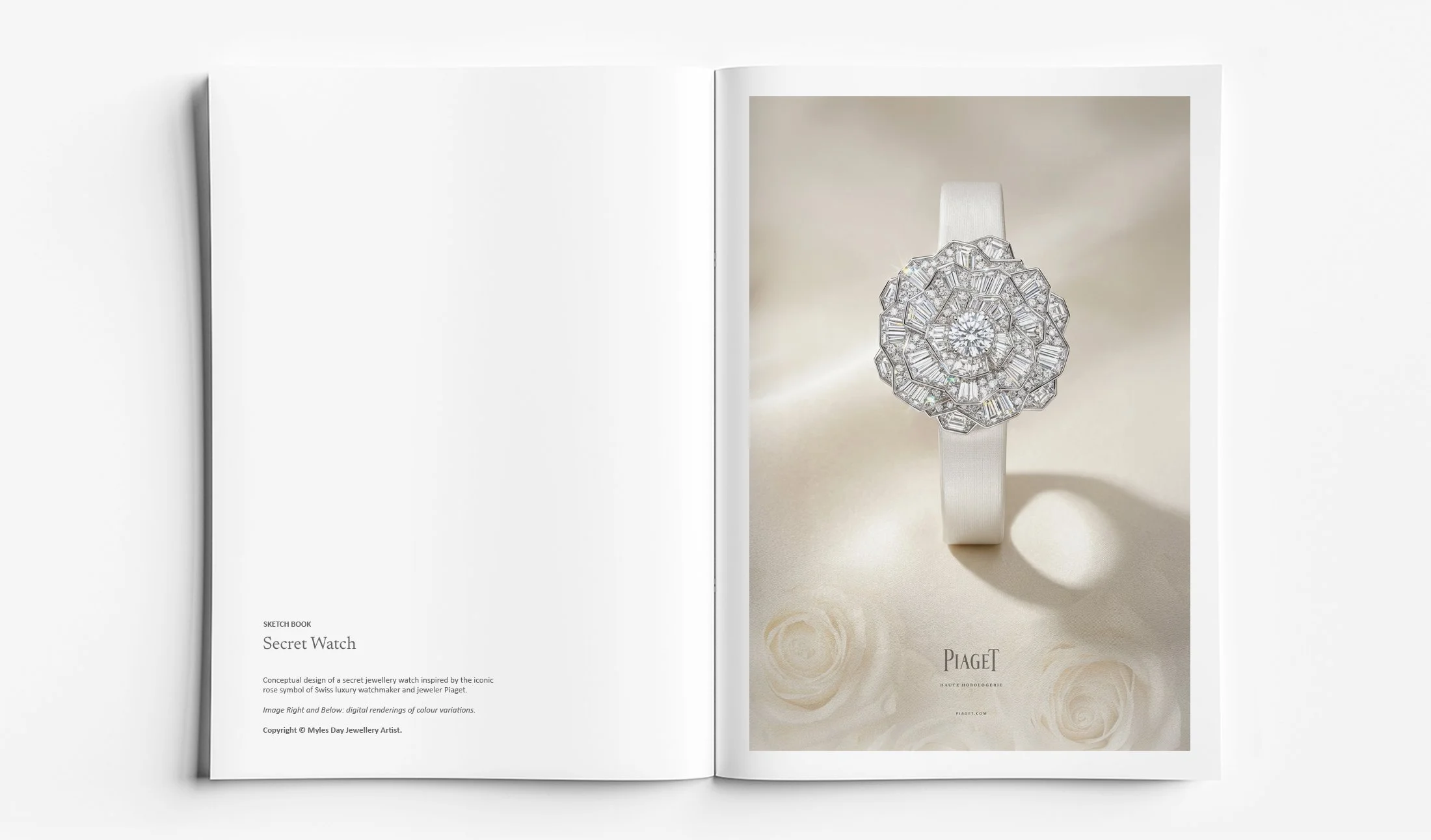 High jewellery white gold and diamond secret watch inspired by floral rose motif, luxury design concept by Myles Day Jewellery Artist