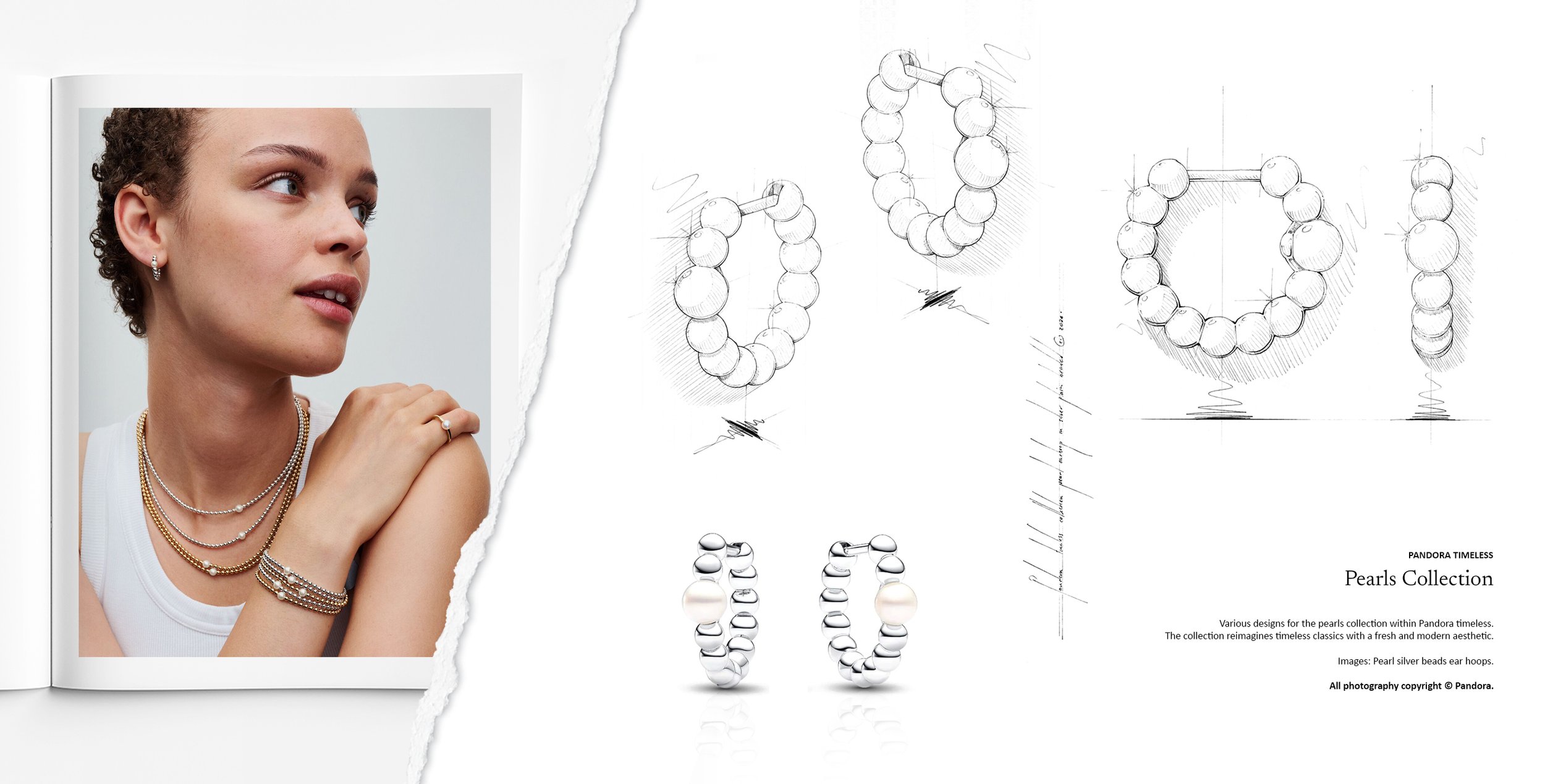 Pandora Pearls collection silver beaded pearl hoop earrings, developed from initial jewellery design sketches into refined commercial pieces by Myles Day Jewellery Artist.