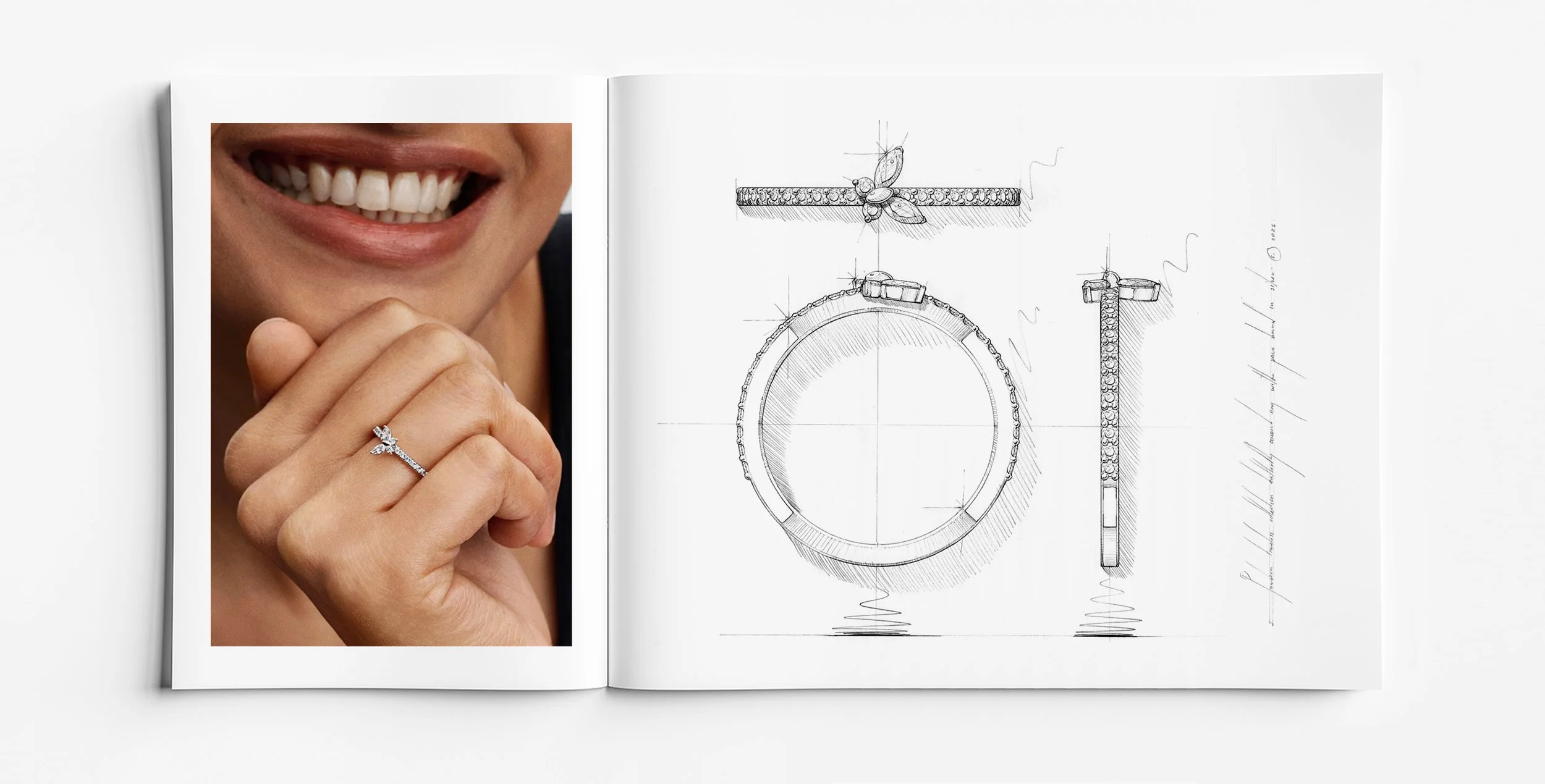 Butterfly motif diamond ring from the Pandora Timeless Collection shown worn and as a detailed jewellery design drawing. Design by Myles Day Jewellery Artist.