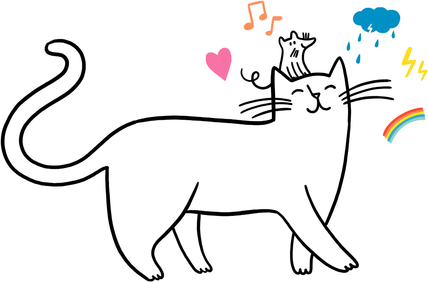 Dessin de Voltaire le chat, une souris sur la tête, entouré d’un cœur, de notes de musique, d’un nuage et d’un arc-en-ciel