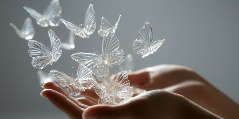 Hands releasing delicate, translucent glass butterflies into the air. The image conveys a sense of wonder, fragility, and freedom.