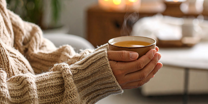 A person in a cosy sweater holds a steaming cup of tea, evoking warmth and comfort. The background is softly blurred, suggesting a peaceful indoor setting.