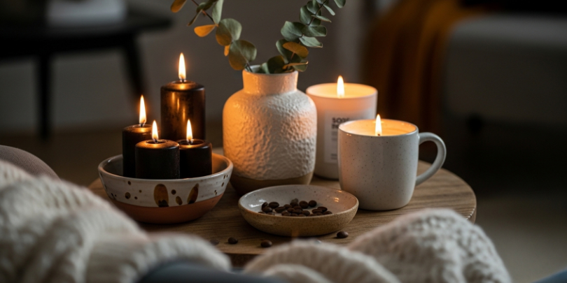 A cosy scene with lit candles, a white vase with greenery, a white mug, and a small plate with coffee beans on a wooden table. Soft, warm ambiance.