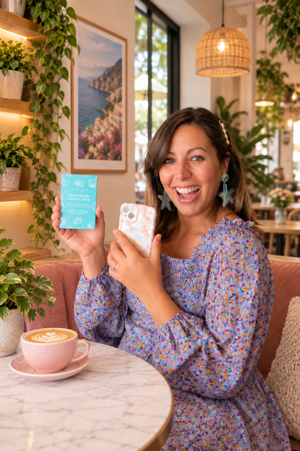 A young woman with brown hair and blue earrings smiling and holding a smartphone in one hand and a packet of social media content cards in the other, sitting at a coffee shop table with a pink latte, surrounded by green plants and colorful decorations.