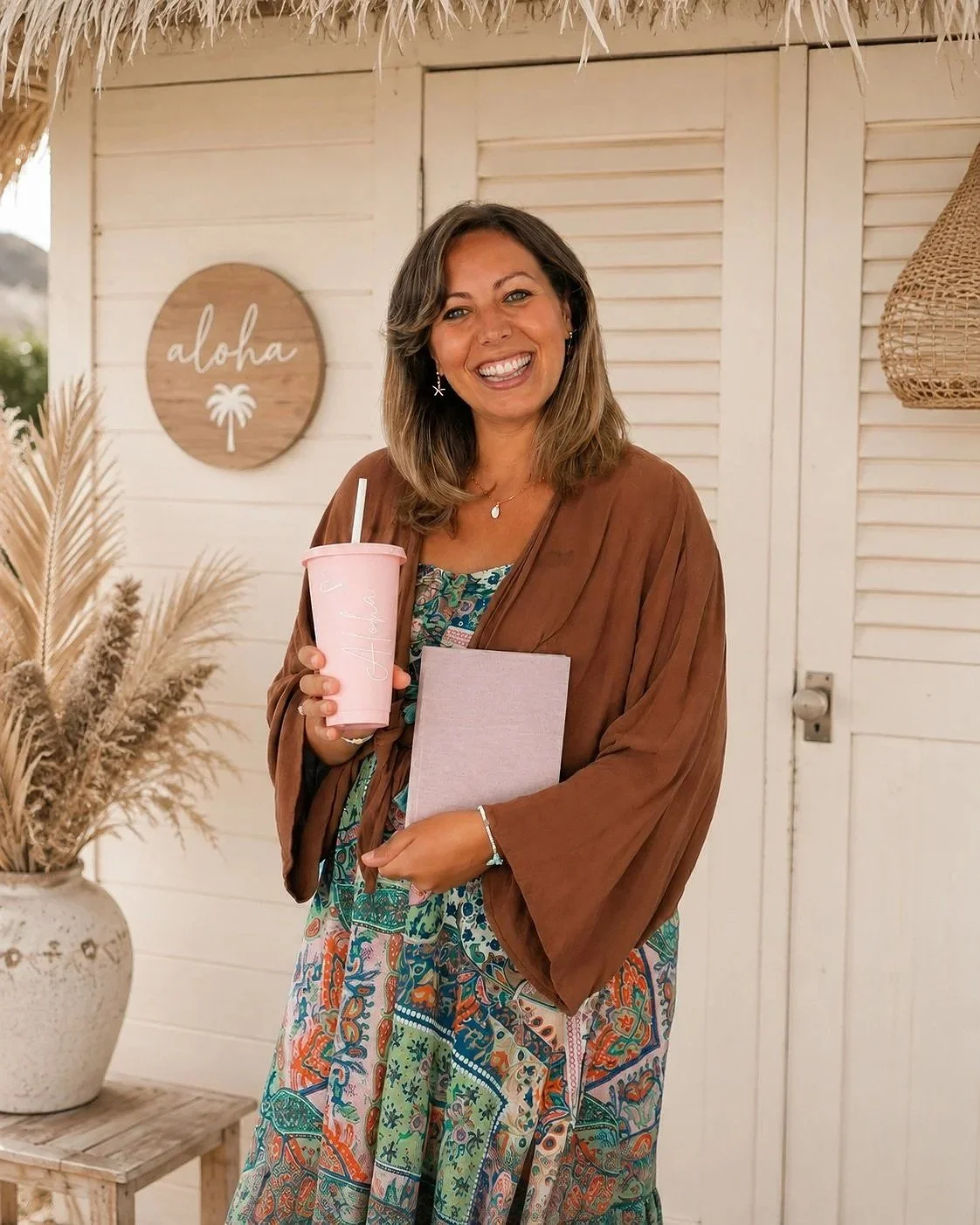 A smiling woman who is a social media marketer for travel agents holding a pink drink with a straw and a closed pink notebook, standing in front of a white wooden wall decorated with a circular sign that says 'aloha'.