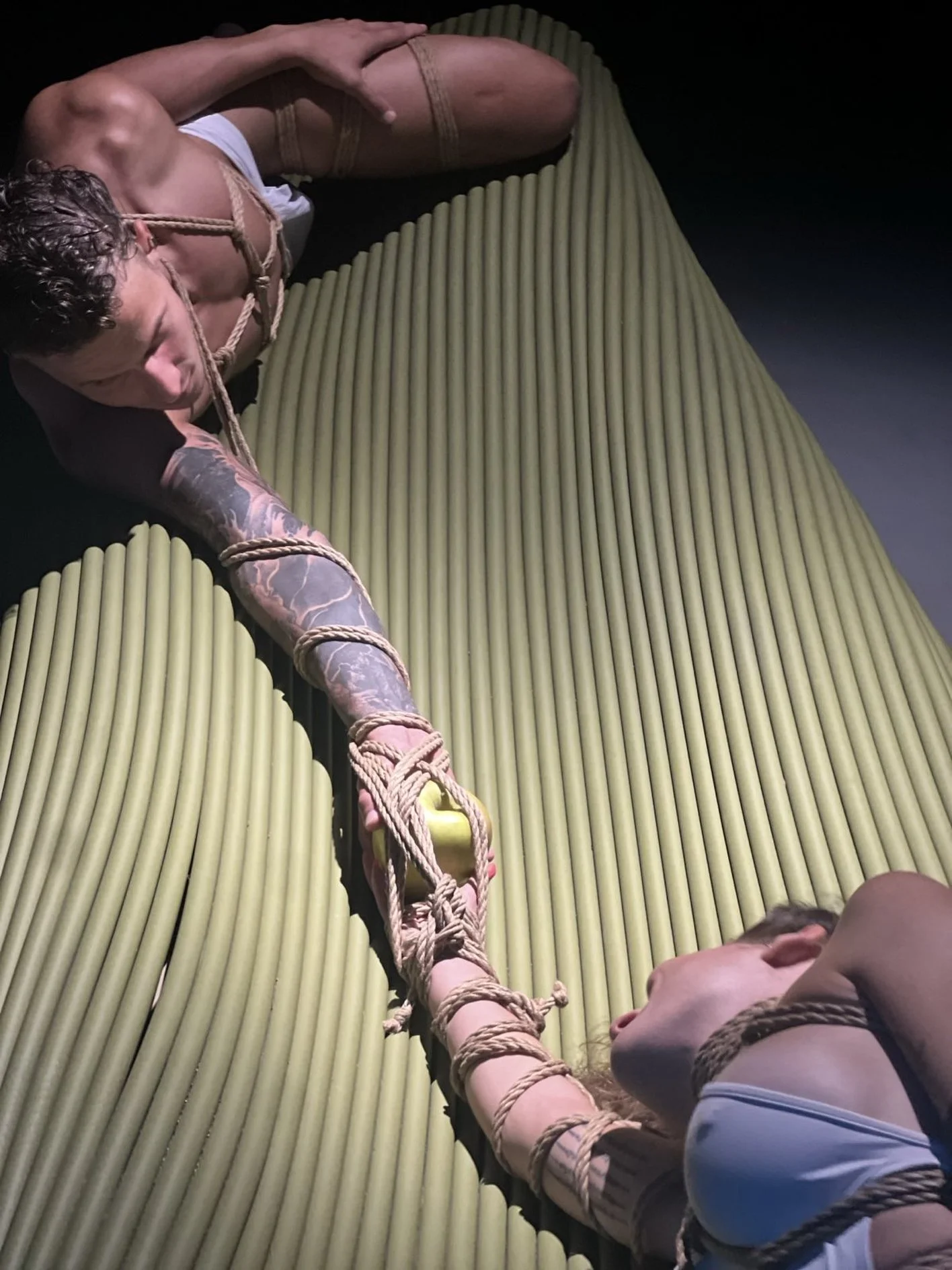 One man and one woman are lying on a cushioned surface, tied together with ropes with their mouths connected by ropes, resembling a BDSM scene.