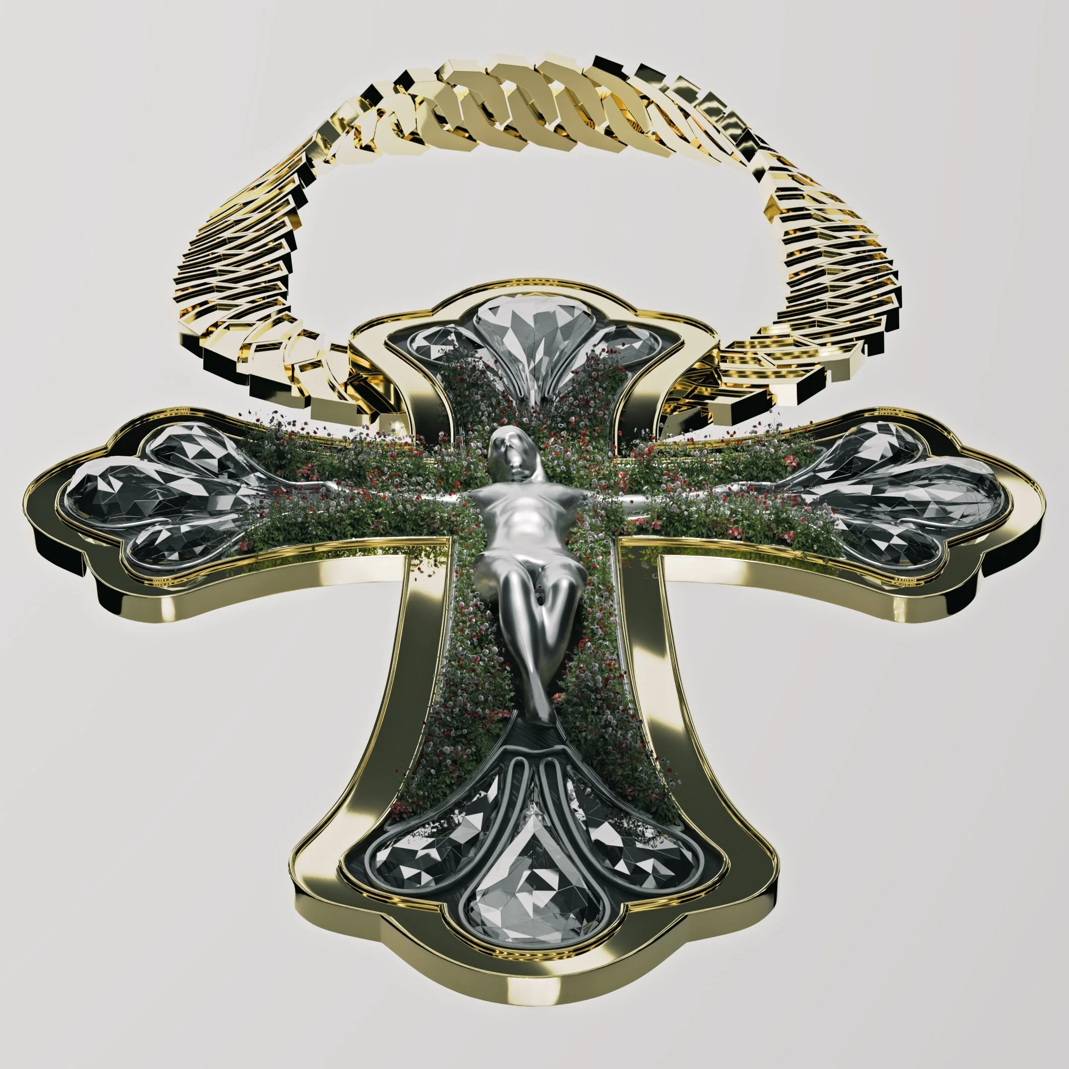 Croce decorata con diamanti, una figura di Gesù crocifisso al centro, fiori e dettagli dorati, con una catena dorata sopra.
