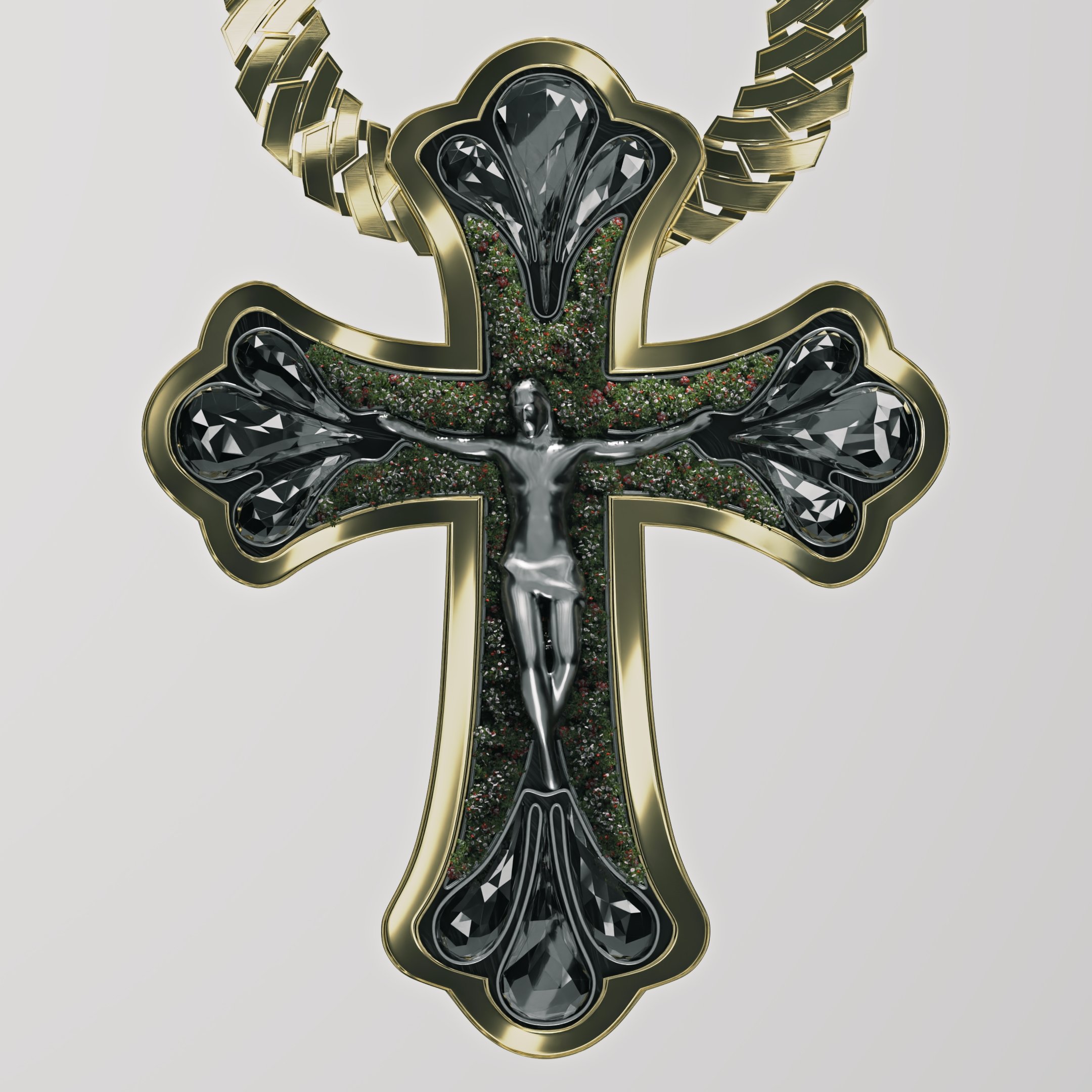 Croce decorata con cristalli neri, un simbolo di Gesù Cristo, con un découpage di fiori e un bordo dorato.