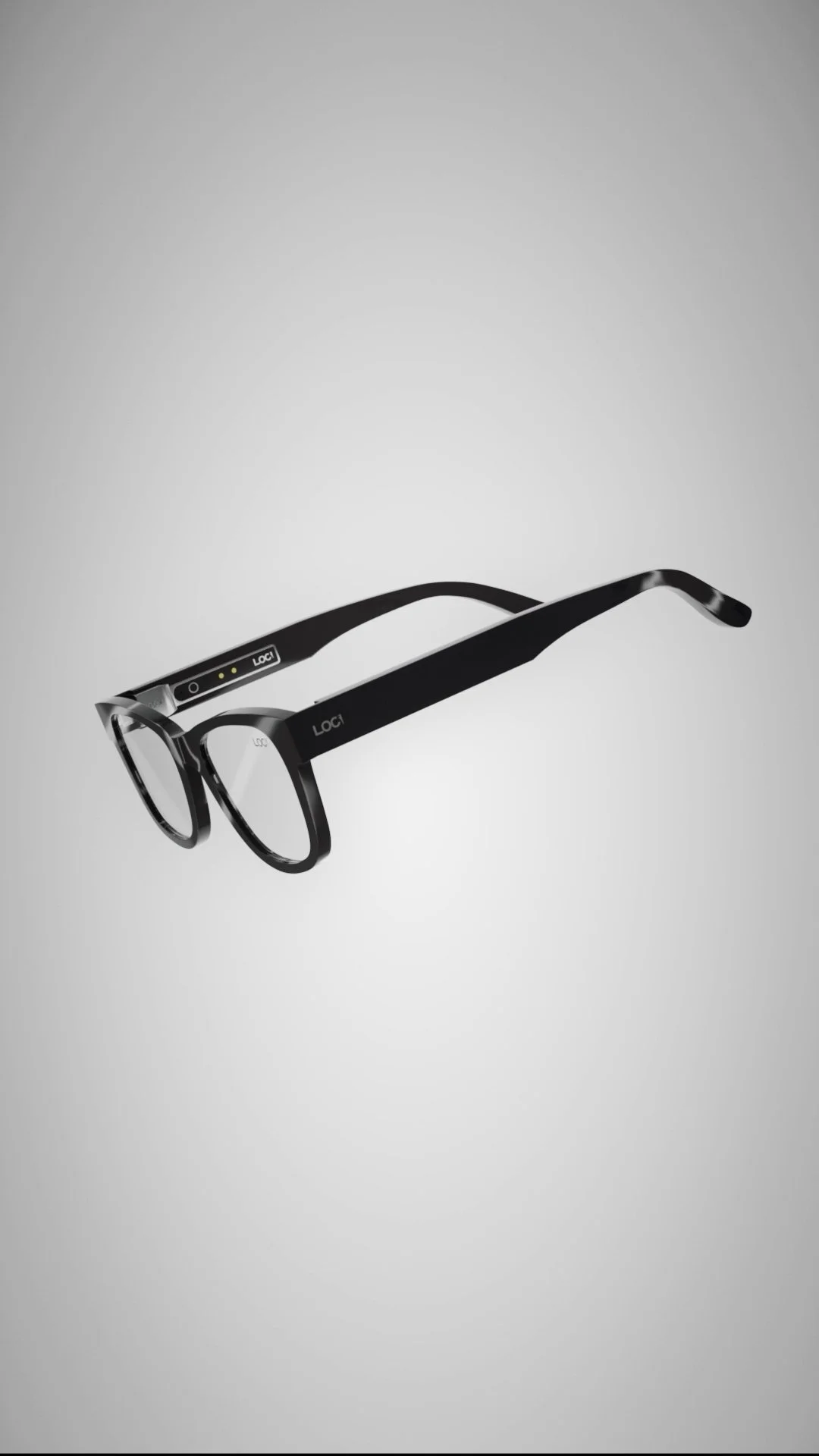 Occhiali intelligenti neri con cornice sottile e marchio 'LOQI' visibile, posti su sfondo grigio chiaro.