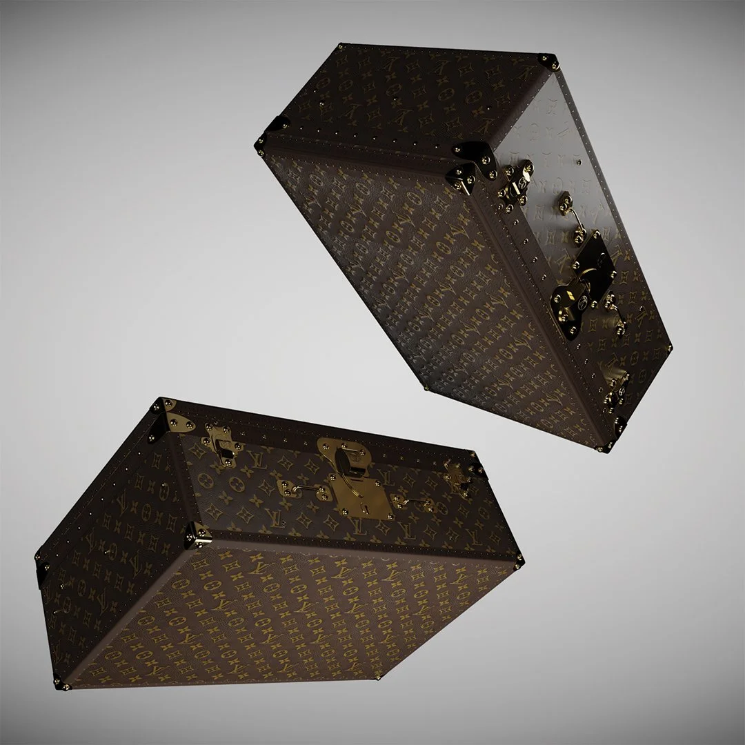 Two Louis Vuitton trunks with monogram pattern, suspended in the air against a gray background.