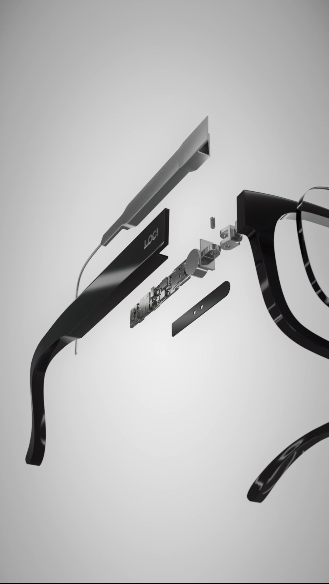 Immagine di un disassemblaggio di occhiali da sole, con le parti esplose e distaccate, su sfondo grigio chiaro.