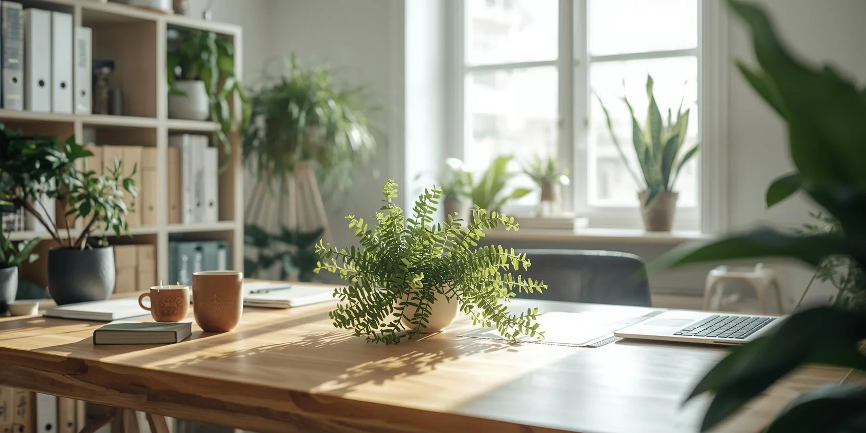 Un bureau lumineux avec une table en bois, plusieurs plantes en pot, deux tasses, un livre, un ordinateur portable, face à une grande fenêtre avec des rayons de soleil.