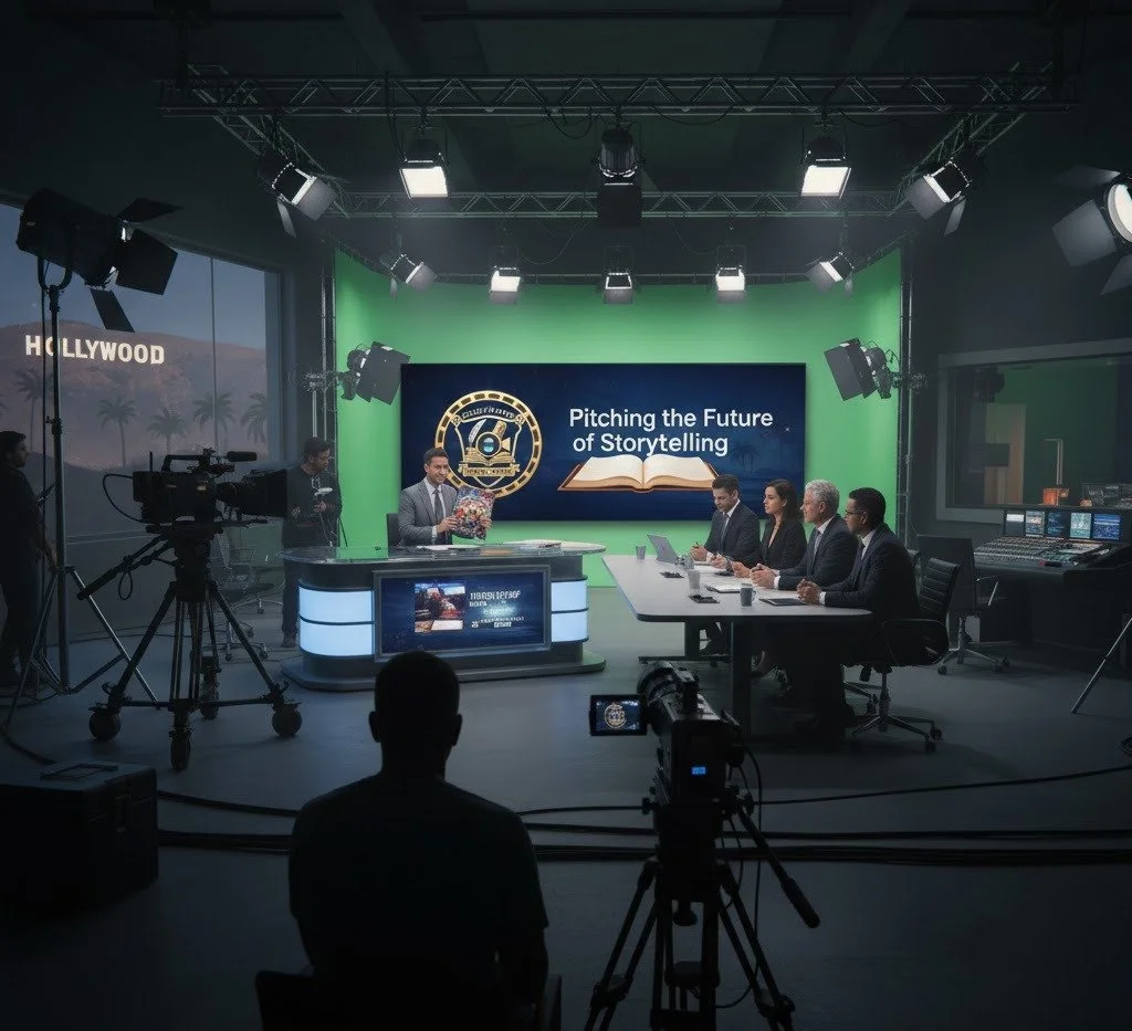 Television studio with five people seated at a table, a presenter standing at a desk, and a large green screen in the background displaying a logo and the text 'Pitching the Future of Storytelling.'