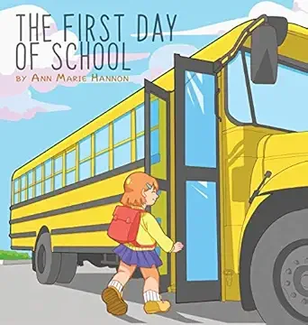 A young girl with blonde hair in a ponytail, wearing a yellow shirt, purple skirt, and brown shoes, is stepping onto a yellow school bus with her red backpack, outside on a cloudy day.
