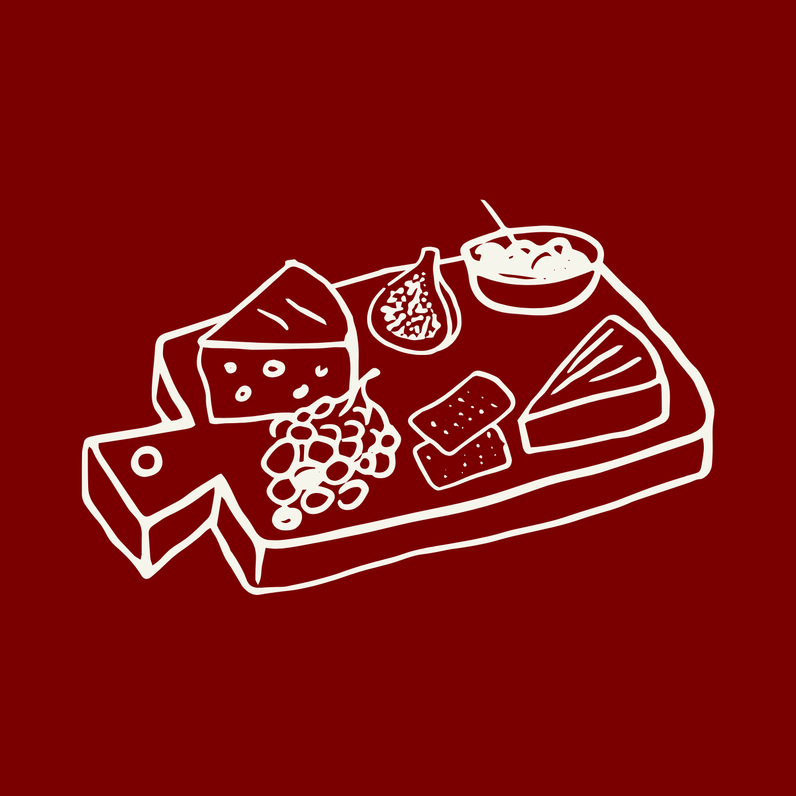 Schets van een kaasplankje met verschillende soorten kaas, druiven, een vijg, crackers en een schaaltje met dip.