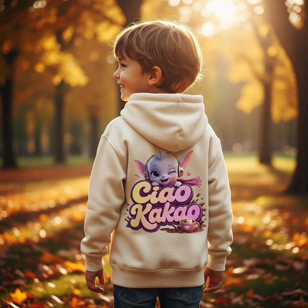 Kind von hinten in beigem Kinder-Hoodie mit LumaKlang-Motiv „Ciao Kakao“ im herbstlichen Park