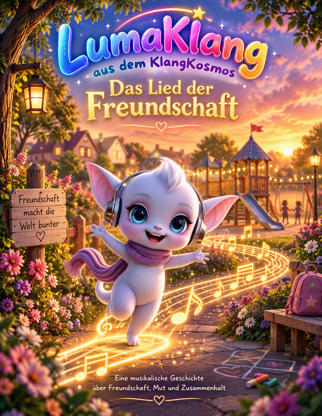 Cover des kostenlosen Kinder-E-Books “Das Lied der Freundschaft” mit LumaKlang, einem magischen Wesen mit Kopfhörern, das über einen leuchtenden Notenweg tanzt