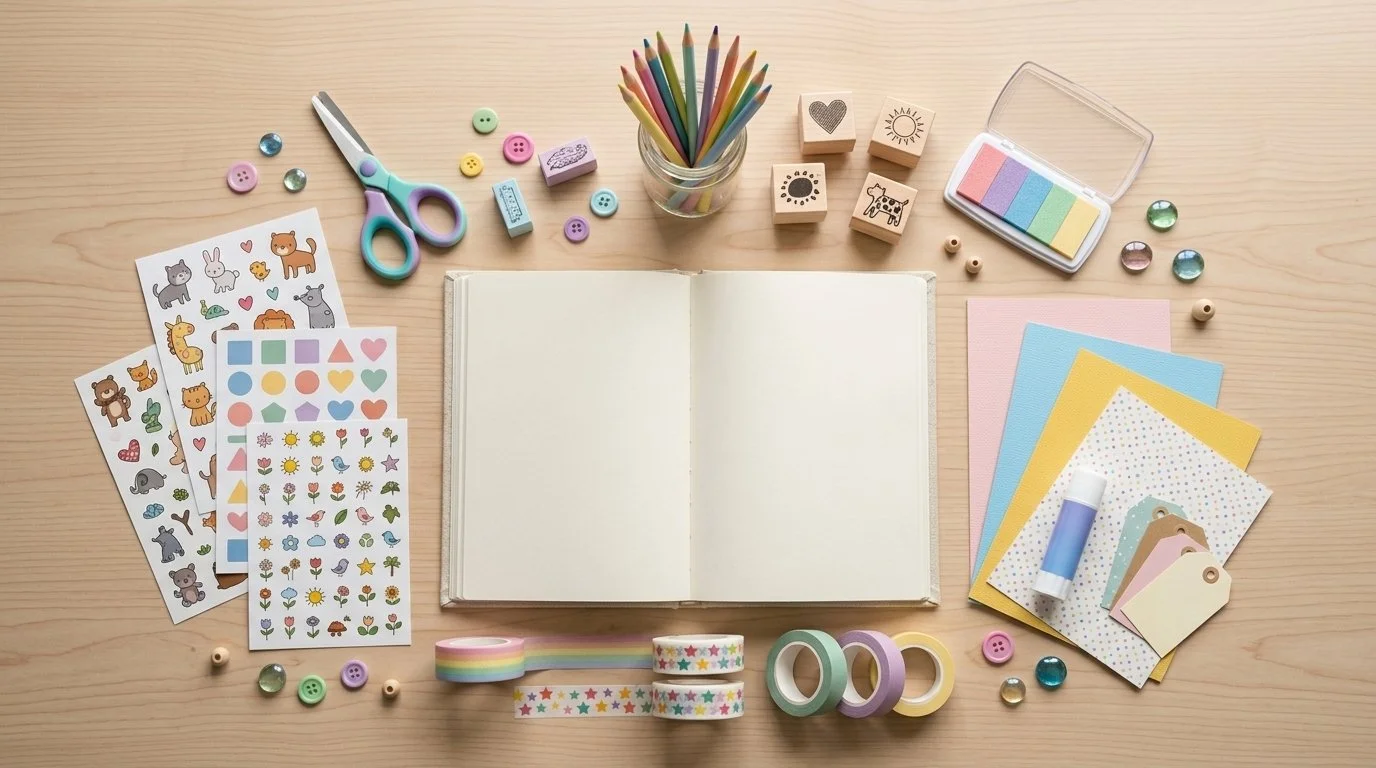 Grundausstattung für ein Kreativ-Journal für Kinder mit Journal, Stickern, Washi Tape, Schere, Stempeln und Bastelmaterial.