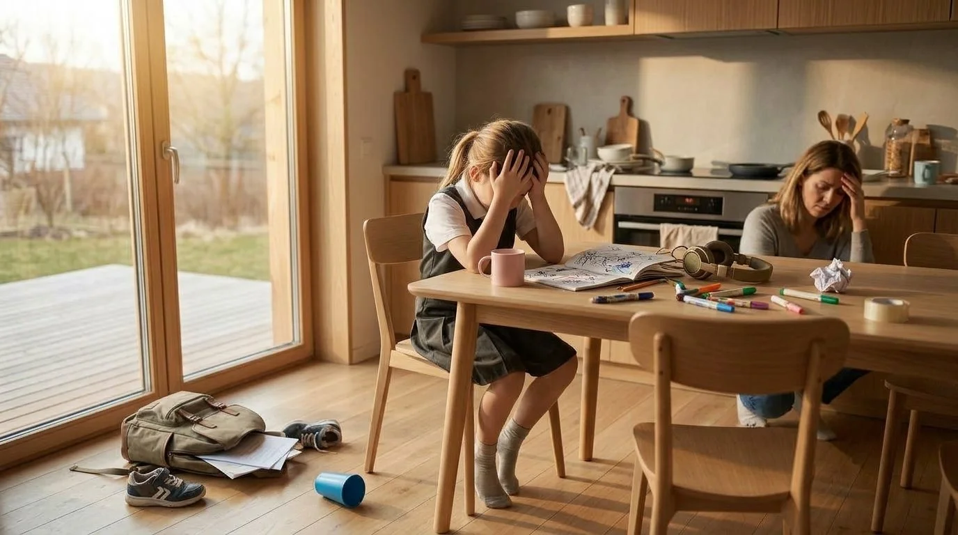 Sinnbild für Reizüberflutung und emotionalen Overload nach der Schule: Ein erschöpftes Mädchen vergräbt das Gesicht am Küchentisch inmitten von kreativem Chaos, während im Hintergrund eine Mutter ebenfalls gestresst wirkt.