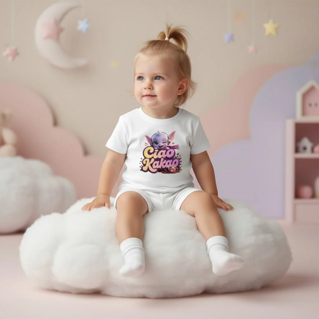Kleinkind in weißem Kinder-T-Shirt mit LumaKlang-Motiv „Ciao Kakao“, sitzend auf einem wolkenförmigen Kissen im rosa Kinderzimmer