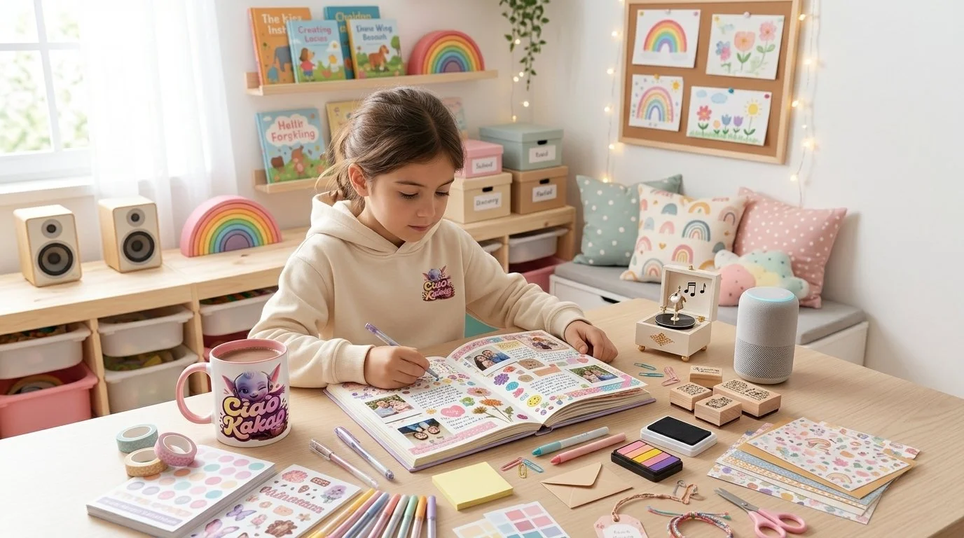 Kind gestaltet ein Kreativ-Journal mit Fotos, Stickern und Erinnerungen, um Gefühle auszudrücken und Erlebnisse festzuhalten.