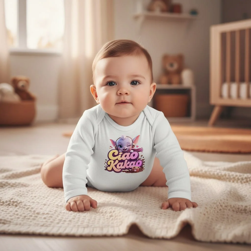 Baby im weißen Langarm-Body mit LumaKlang-Motiv „Ciao Kakao“, krabbelnd auf einer Decke im Kinderzimmer