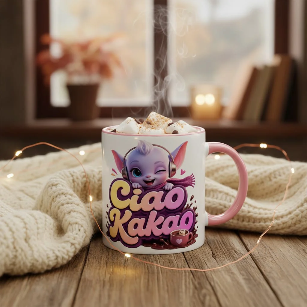 Weiße Keramiktasse mit rosa Henkel und LumaKlang-Design „Ciao Kakao“, gefüllt mit Kakao und Marshmallows auf einer Strickdecke