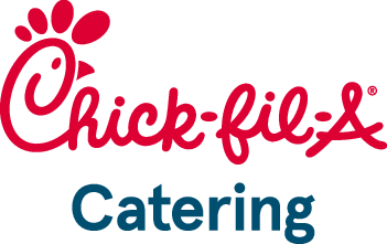 Chick-fil-A Catering logo with pink and blue text on a black background.